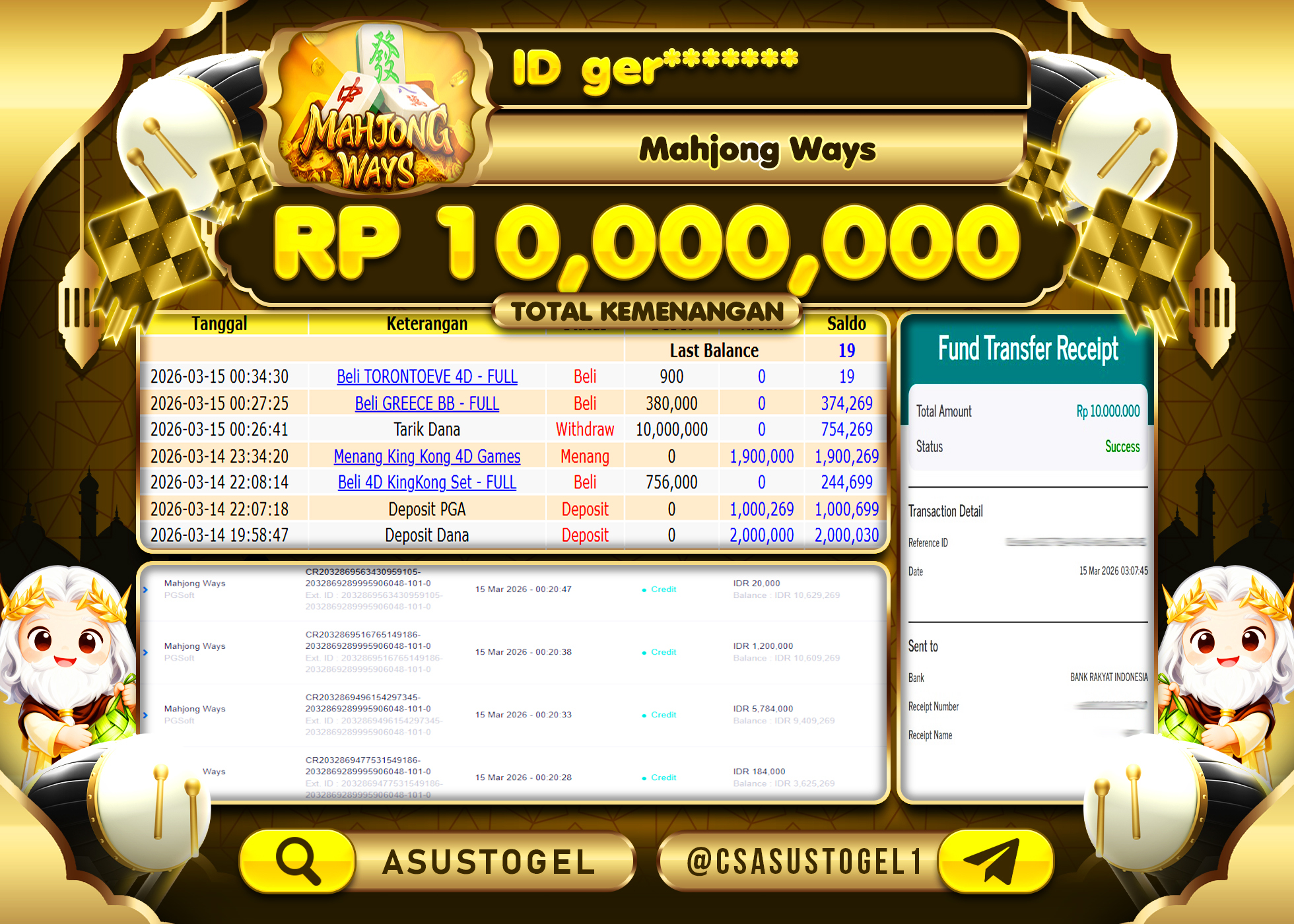 ASUSTOGEL KEMENANGAN DI SLOT MAHJONG WAYS PG SOFT 10,000,000 - RUPIAH LUNAS