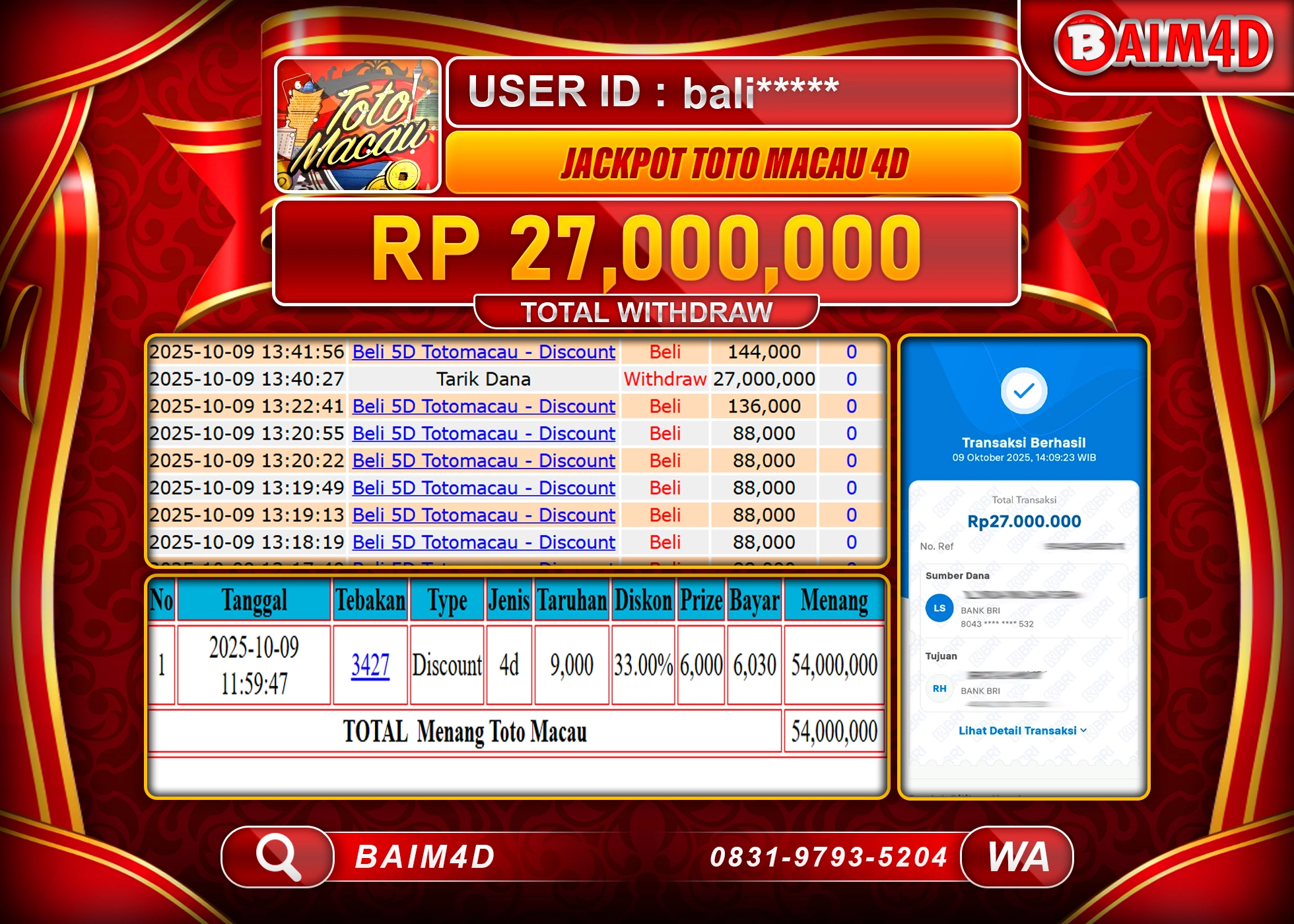 BAIM4D JACKPOT TOGEL TOTO MACAU 4D GAMES Rp.27,000,000.- LUNAS