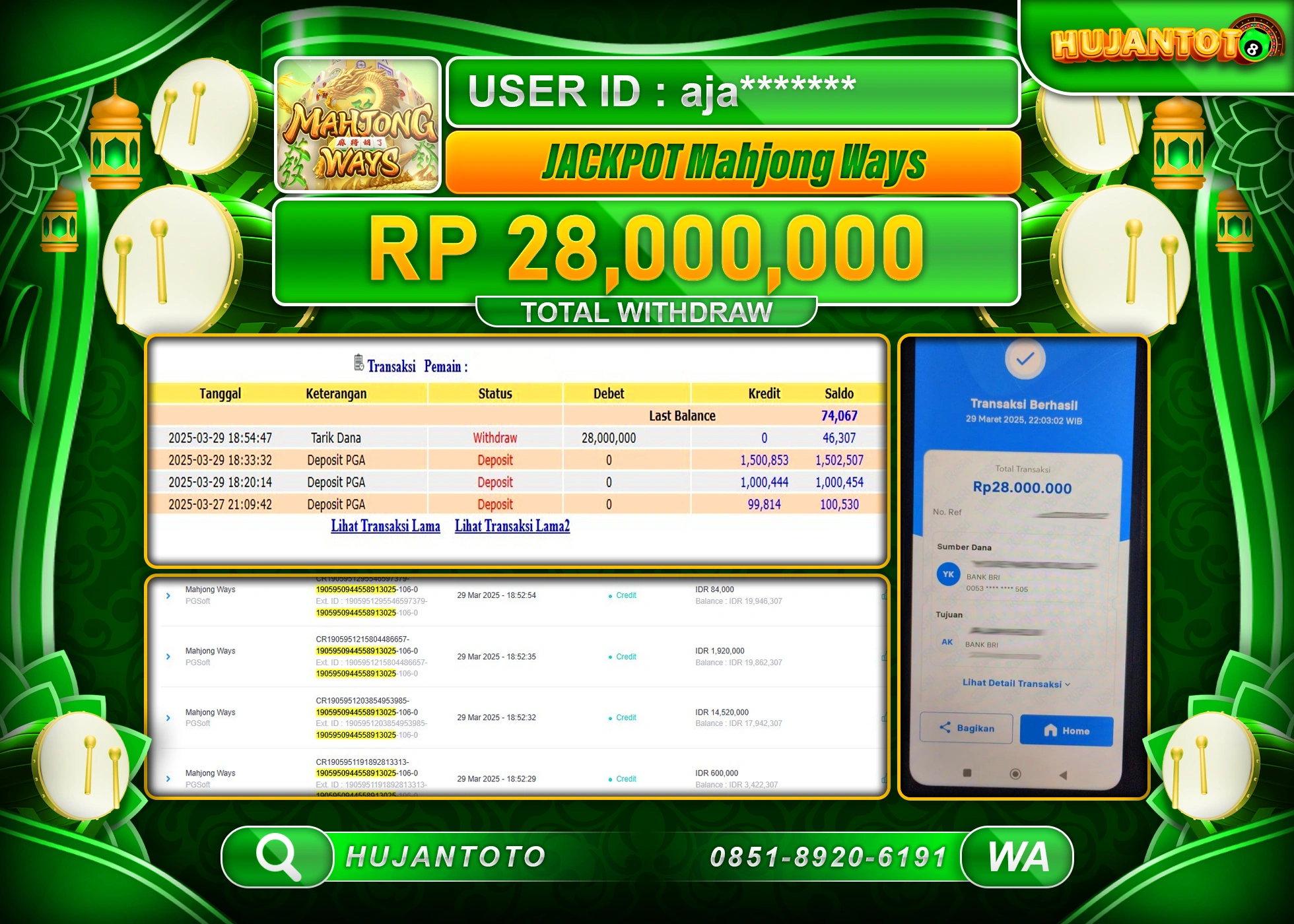 HUJANTOTO - BUKTI JACKPOT MENANG SLOT PG SOFT MAHJONG WAYS Rp,28,000,000 - TERBAYAR LUNAS