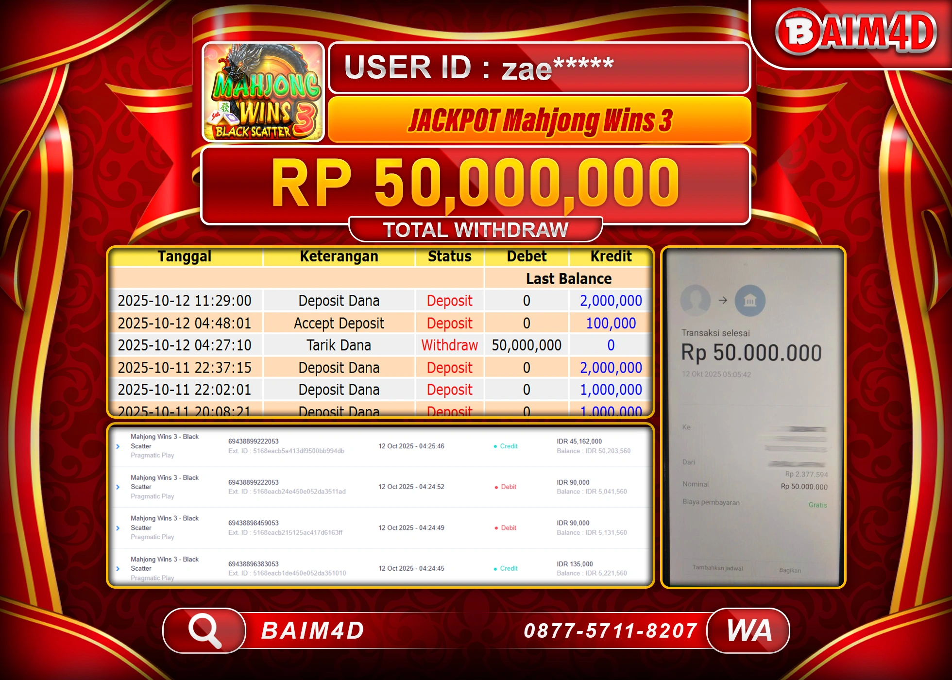 BAIM4D JACKPOT MAHJONG WINS 3 Rp.50,000,000.- LUNAS