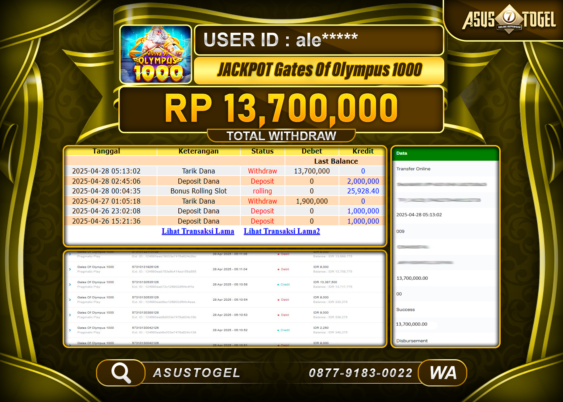 ASUSTOGEL KEMENANGAN DI SLOT GATE OF OLYMPUS 1000 SEBESAR 13,700,000- RUPIAH LUNAS