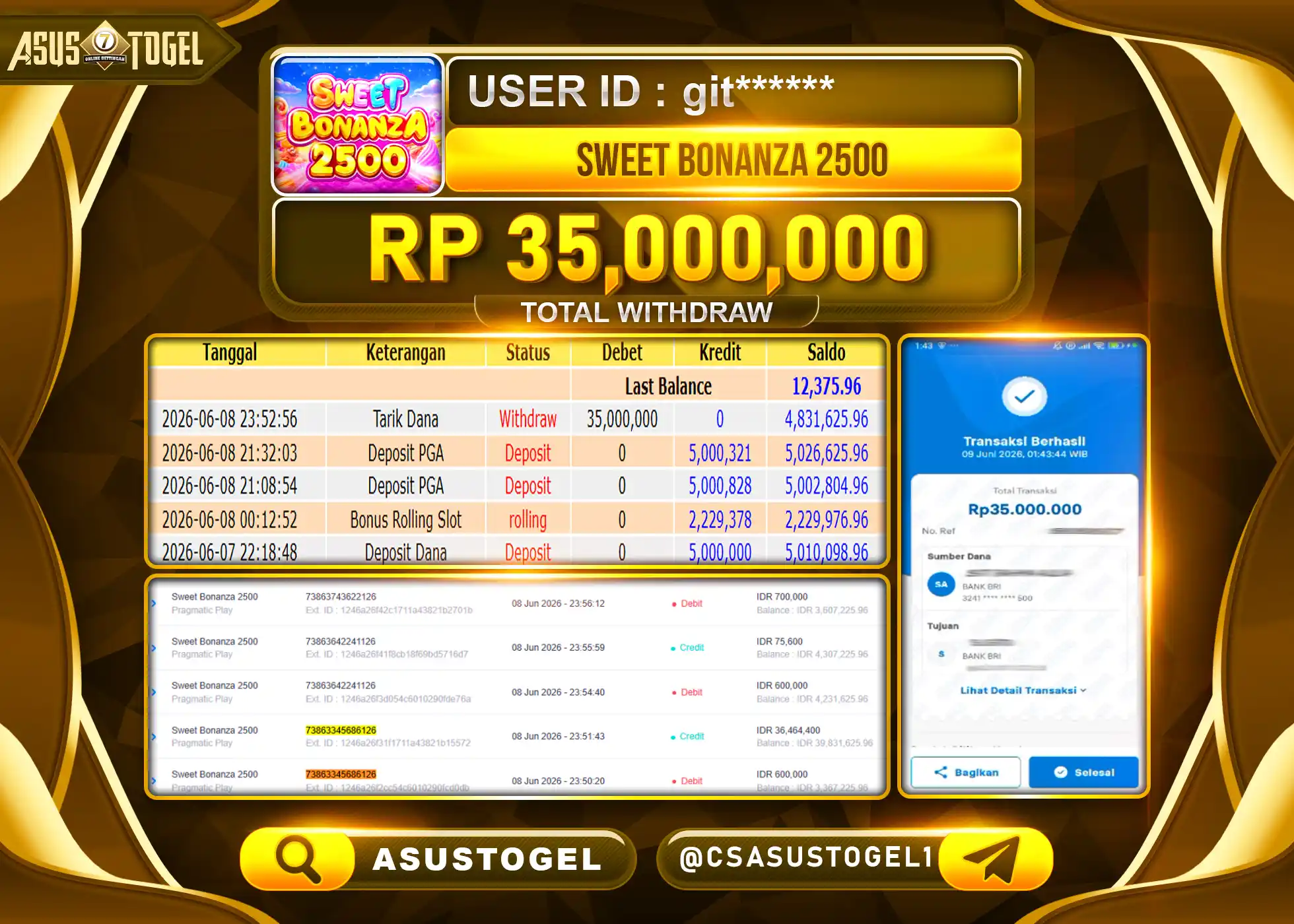 ASUSTOGEL KEMENANGAN JACKPOT SLOT SWEET BONANZA 2500 Rp.35,000,000 - RUPIAH LUNAS