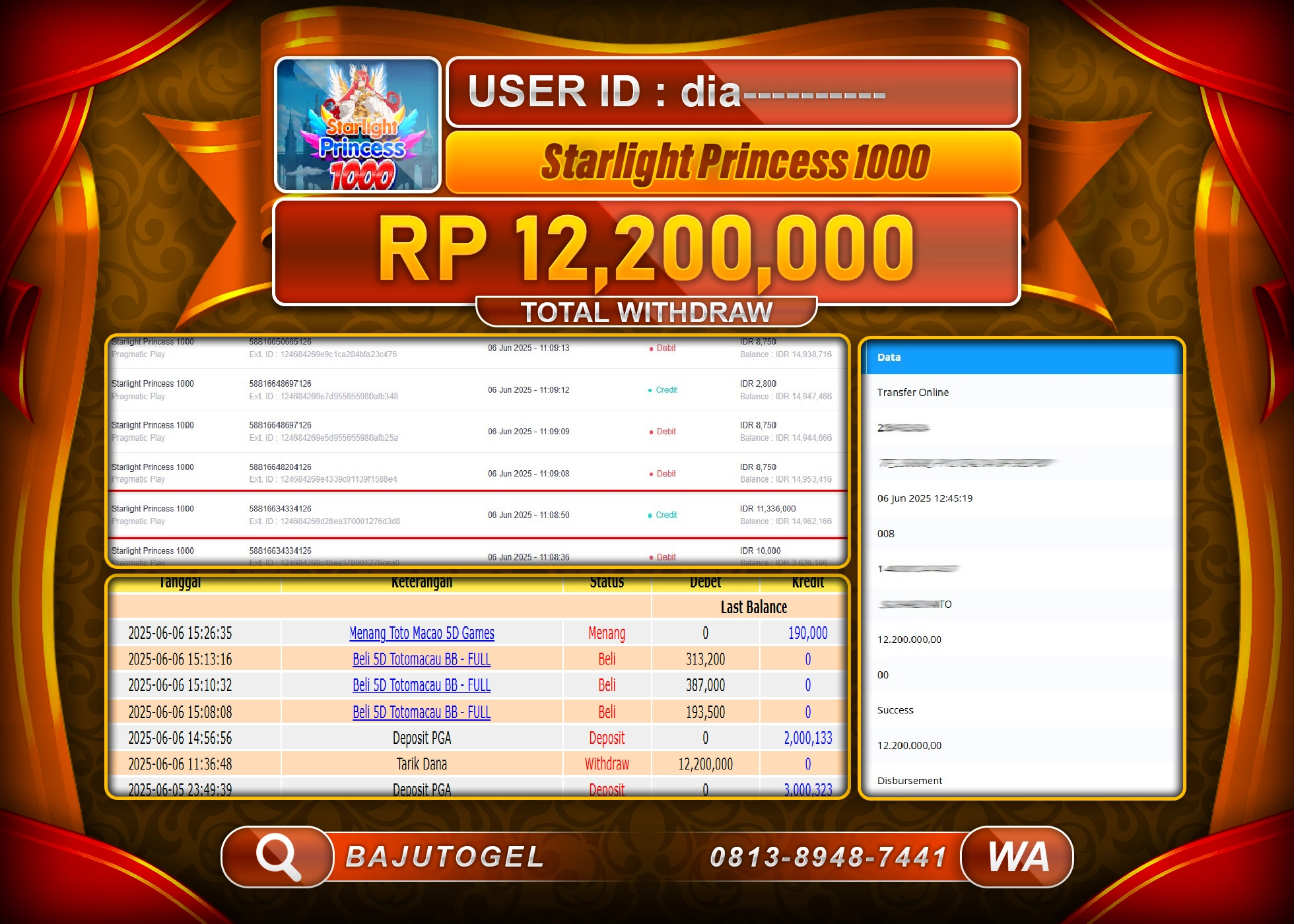 BAJUTOGEL KEMENANGAN STARLIGHT PRINCESS 1000  Rp.12.200.000 LUNAS