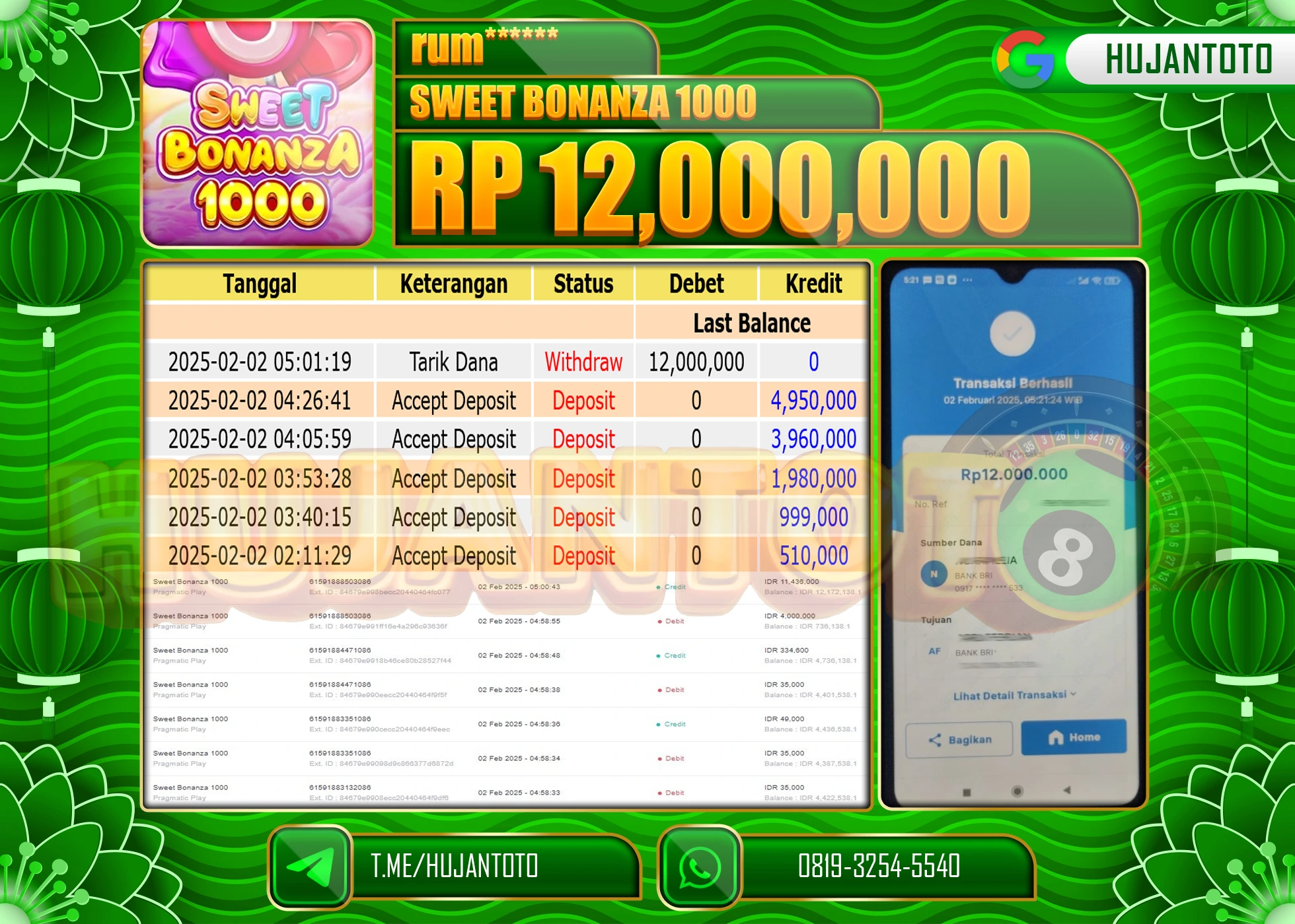 HUJANTOTO - BUKTI JACKPOT MENANG SLOT SWEET BONANZA 1000 Rp,12,000,000 - TERBAYAR LUNAS