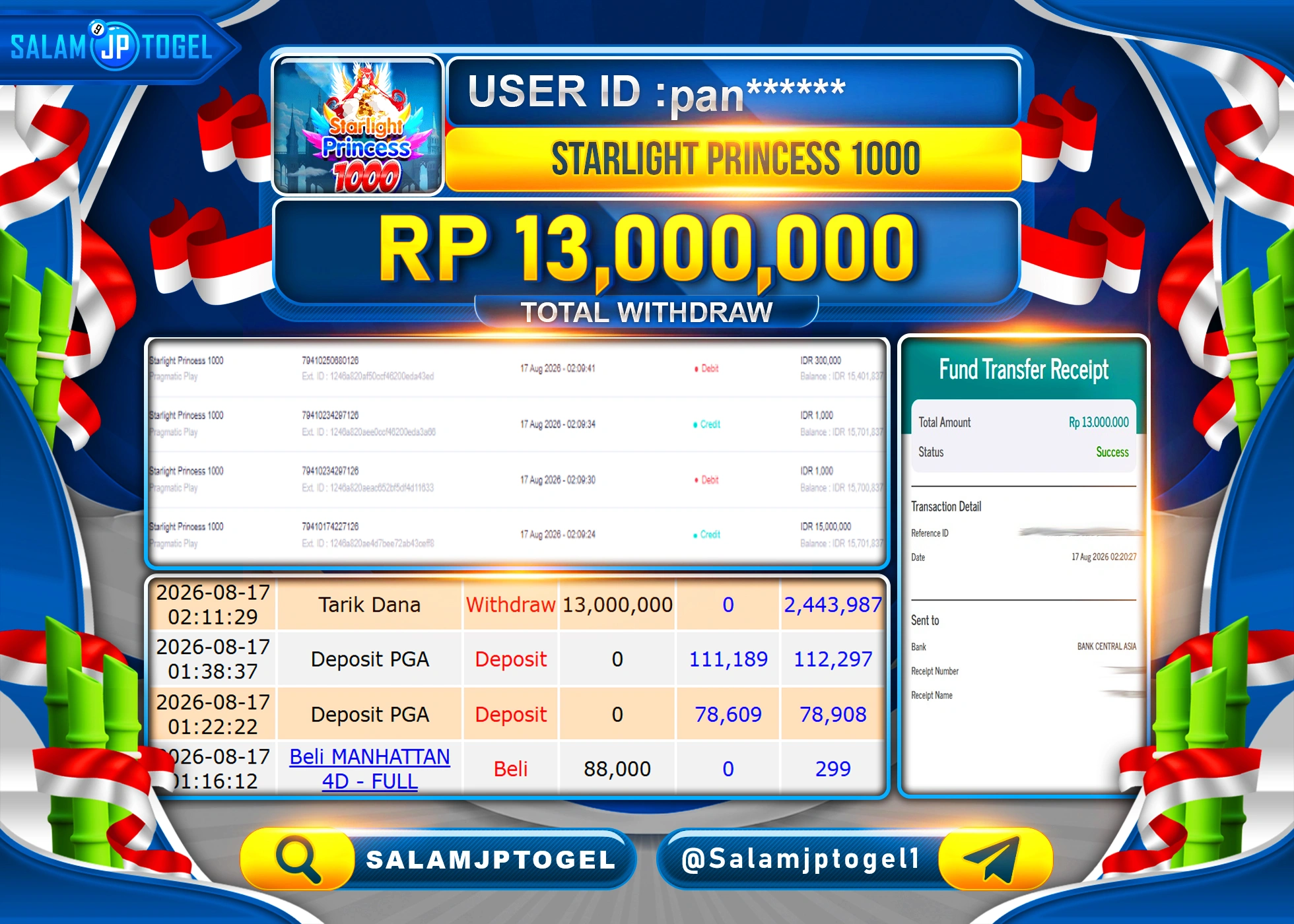 SALAMJPTOGEL JACKPOT MENANG SLOT STARLIGHT PRINCESS 1000 Rp.13,000,000 - LUNAS