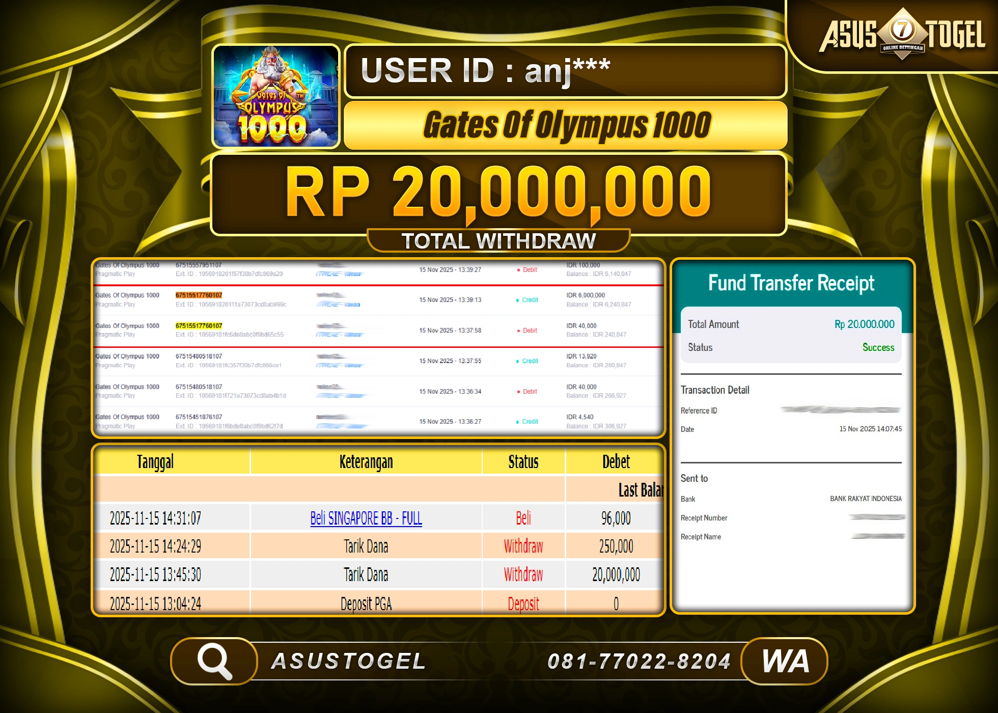 ASUSTOGEL KEMENANGAN DI SLOT GATES OF OLYMPUS 1000 SEBESAR 20,000,000 - RUPIAH LUNAS