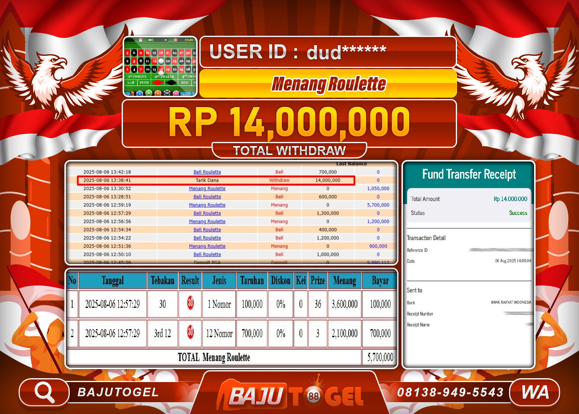 BAJUTOGEL KEMENANGAN DI LIVE CASINO  ROULETTE Rp.14.000.000 LUNAS