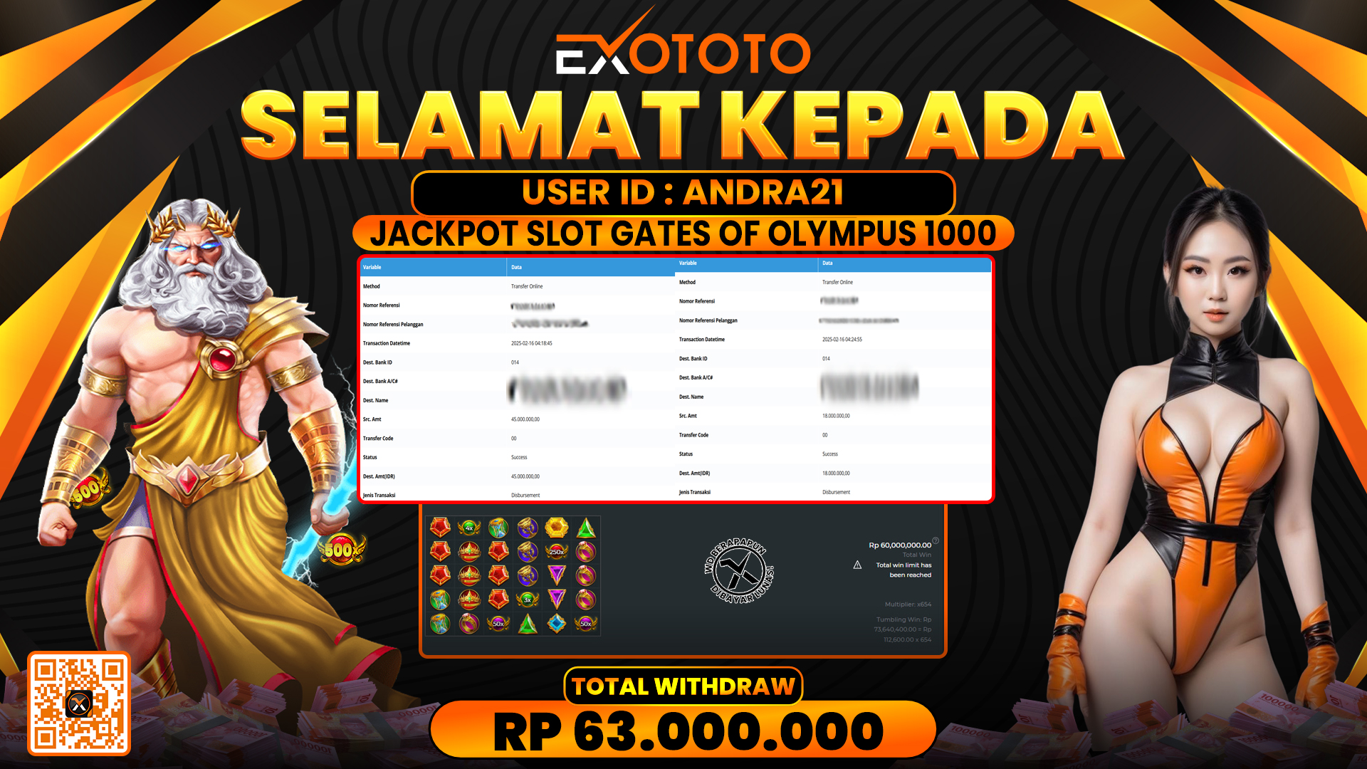 EXOTOTO JACKPOT DI SLOT GATES OF OLYMPUS 1000 RP. 63.000.000,- LUNAS