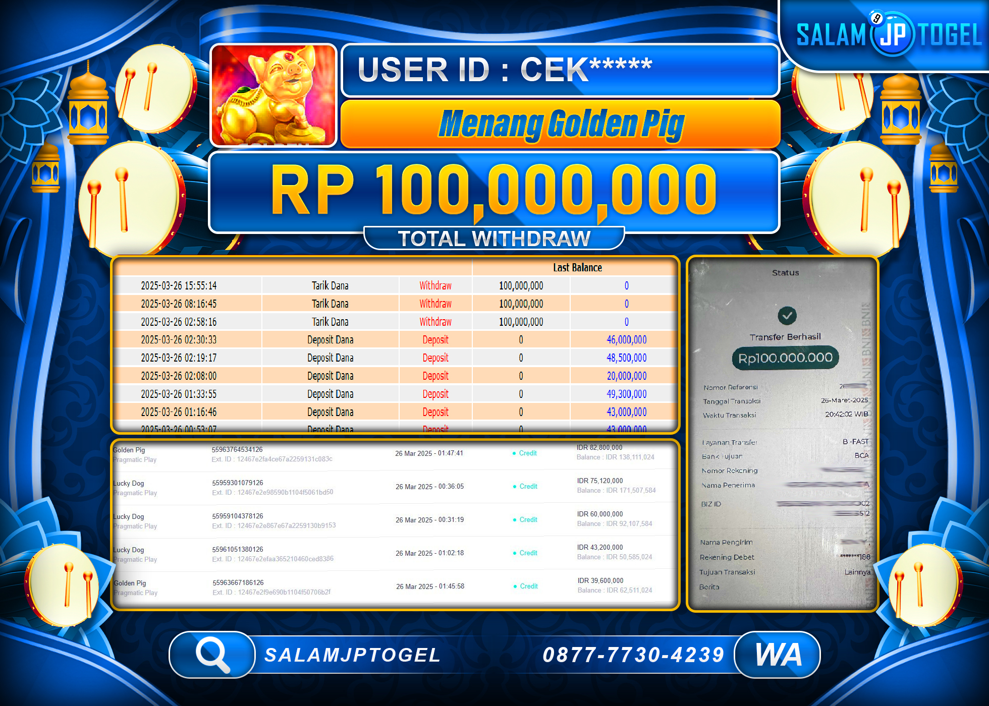 SALAMJPTOGEL MENANG GOLDEN PIG  Rp. 100,000,000 LUNAS