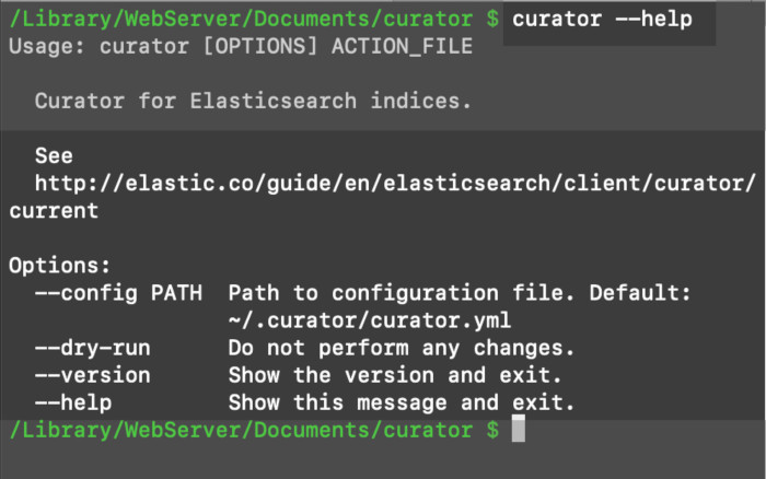 Screenshot of calling curator --help command in a terminal