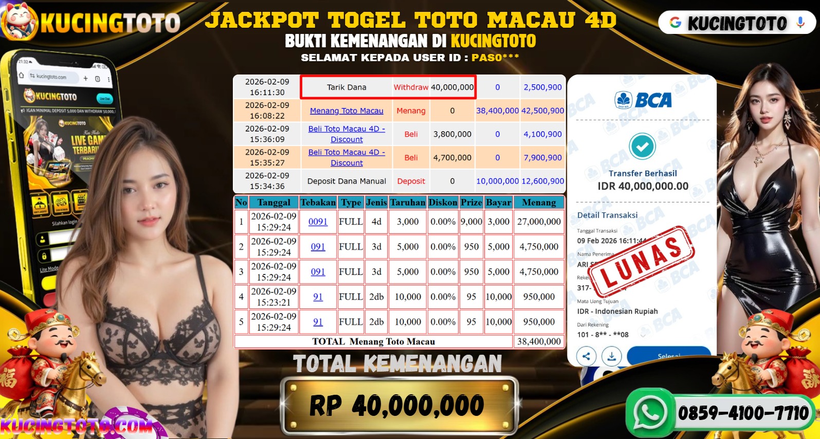 KUCINGTOTO JACKPOT TOGEL TOTO MACAU RP.40.000.000.,- LUNAS
