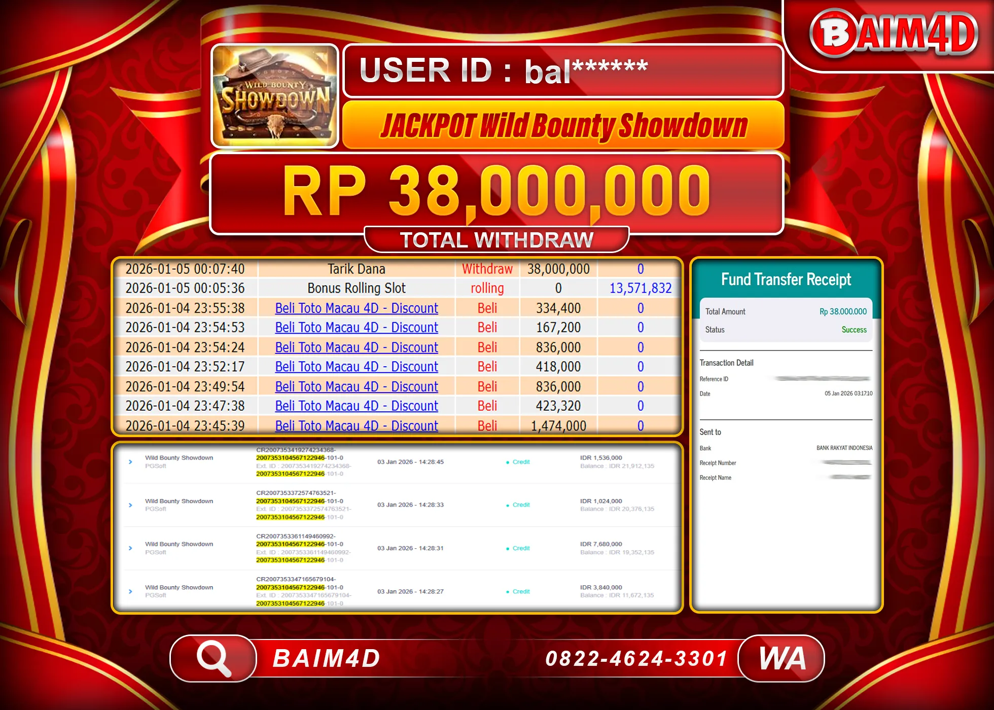 BAIM4D JACKPOT  SLOT WILD BOUNTYSHOWDOWN Rp.38,000,000 - LUNAS