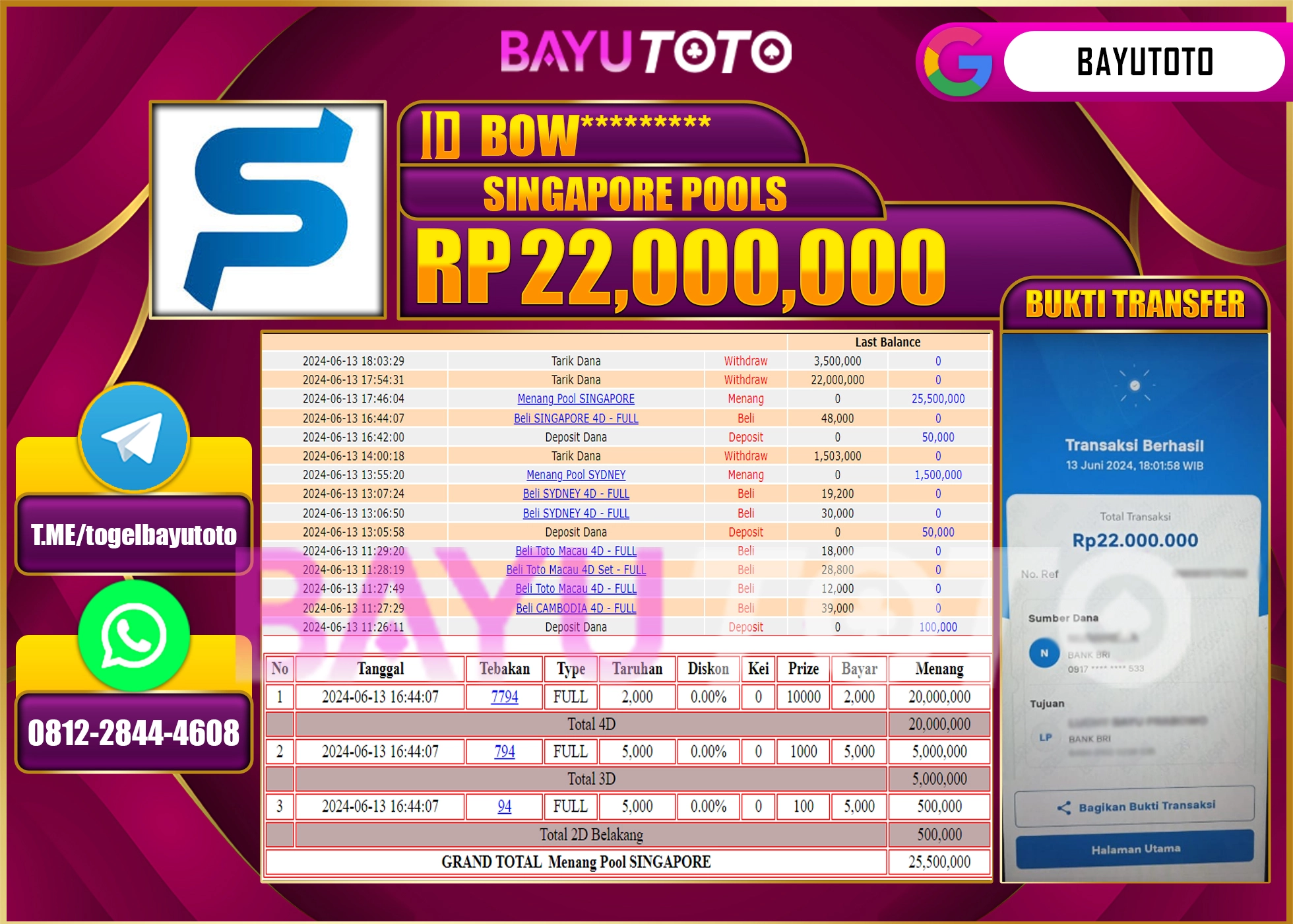 BAYUTOTO JACKPOT PASARAN TOGEL POOLS SINGAPORE Rp.22.000.000 LUNAS