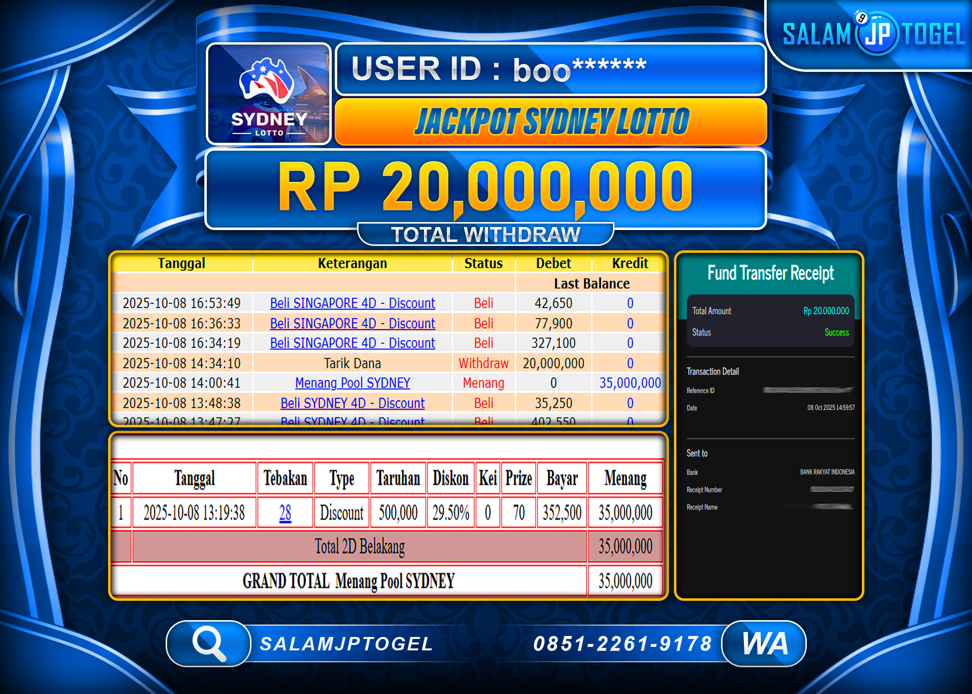 SALAMJPTOGEL MENANG DI GAME SYDNEY LOTTO Rp.20,000,000 ID: BOO******