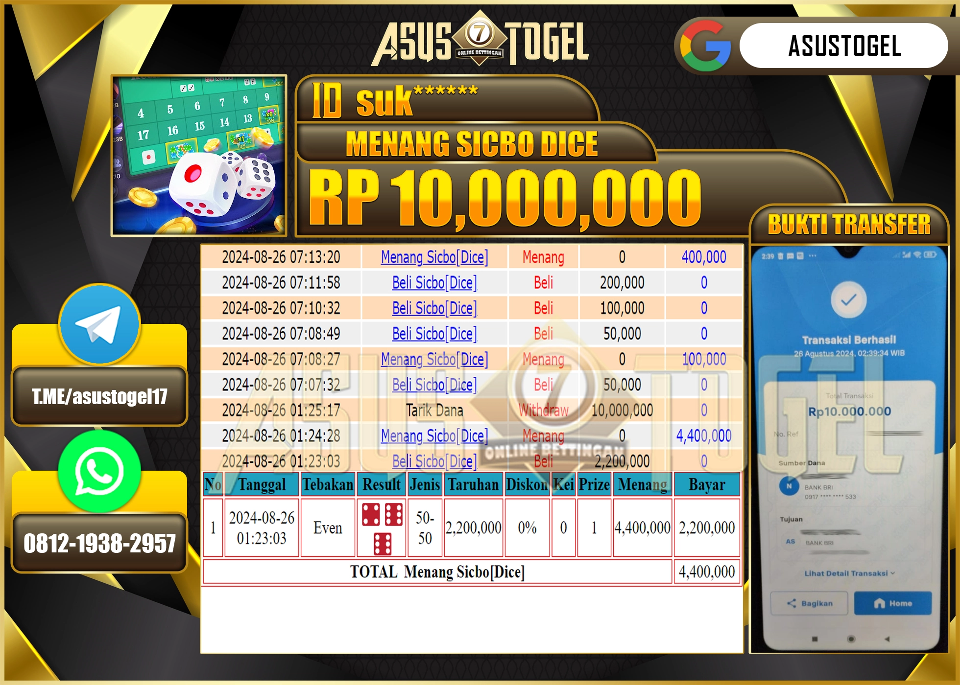 ASUSTOGEL KEMENANGAN DI LIVEGAME SICBO DICE SEBESAR 10,000,000- RUPIAH LUNAS