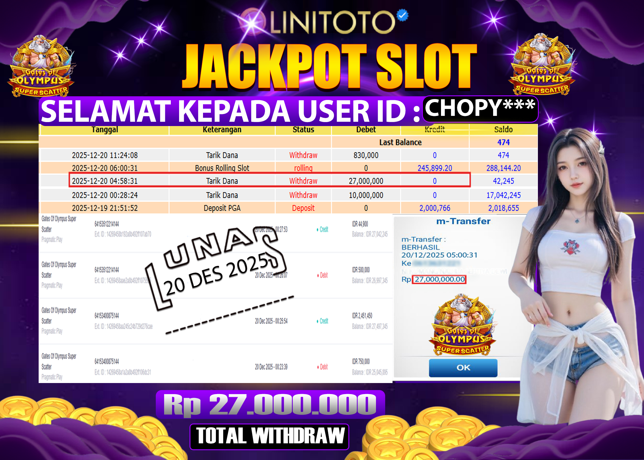 LINITOTO JACKPOT SLOT Gates Of Olympus Super Scatter Rp.27,000,000 - LUNAS