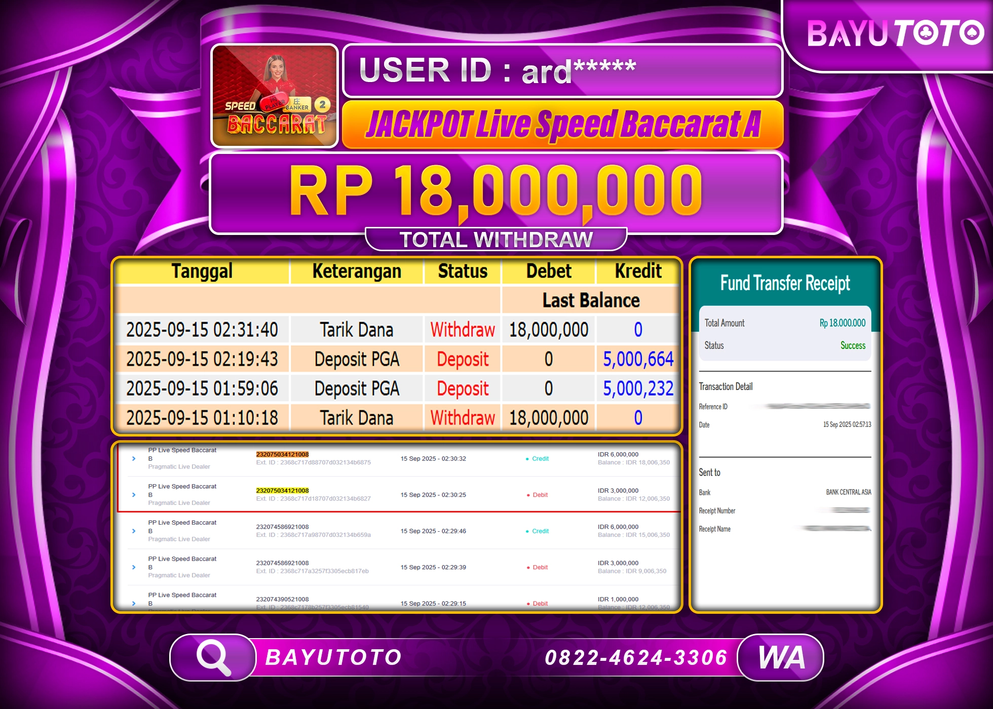BAYUTOTO JACKPOT DI GAME  LIVEGAMES PP LIVE SPEED BACCARAT A Rp.18,000,000 LUNAS
