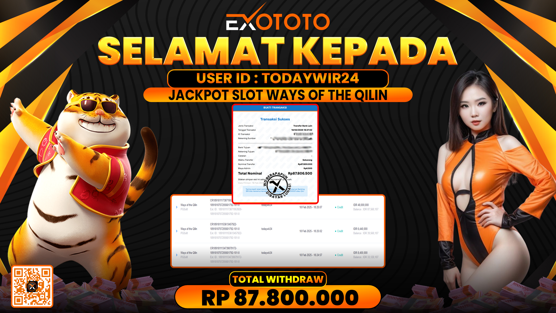 EXOTOTO JACKPOT DI SLOT WAYS OF THE QILIN RP. 87.800.000,- LUNAS