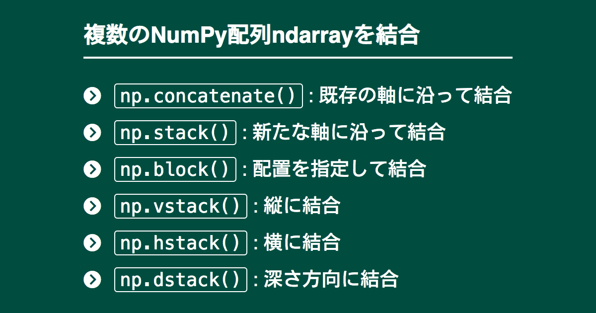 Numpy配列ndarrayを結合 Concatenate Stack Blockなど Note Nkmk Me