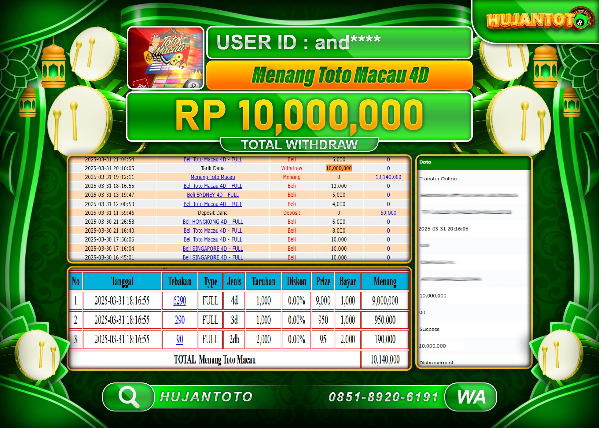 HUJANTOTO - BUKTI JACKPOT MENANG BESAR TOTO MACAU 4D RP 10,000,000 - TERBAYAR LUNAS