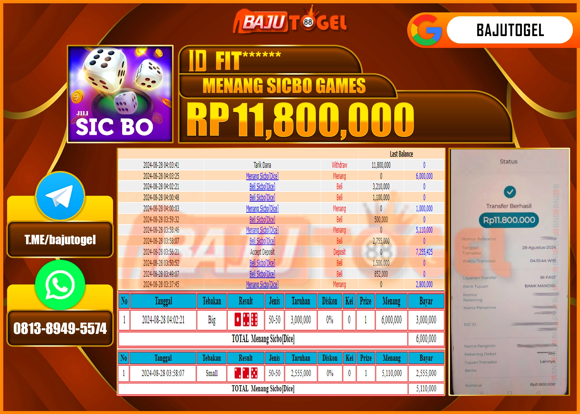 BAJUTOGEL JACKPOT LIVE KASINO SICBO GAMES Rp.11.800.000 LUNAS