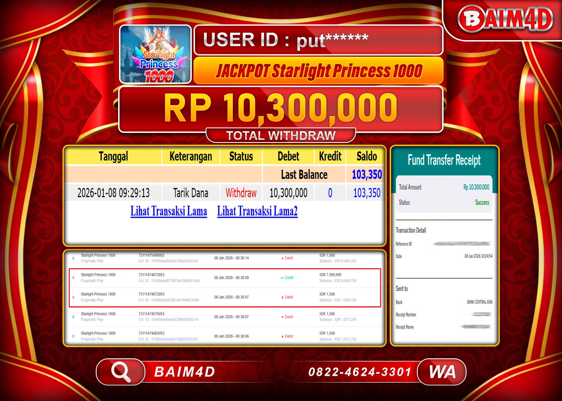 BAIM4D JACKPOT  SLOT STARLIGHT PRINCESS 1000  Rp.10,300,000 - LUNAS