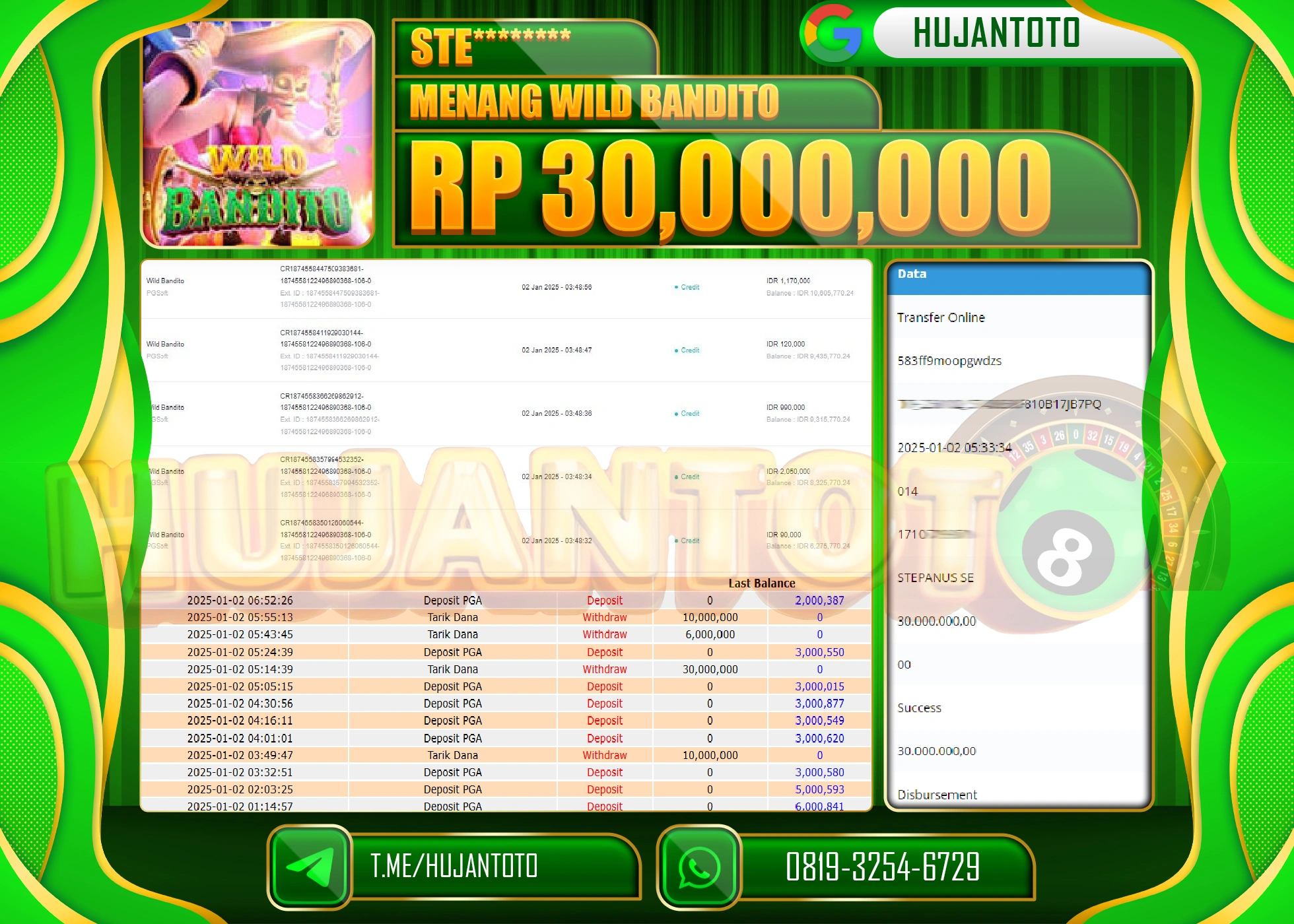 HUJANTOTO - BUKTI JACKPOT PERMAINAN SLOT WILD BANDITO Rp.30,000,000,- TERBAYAR LUNAS