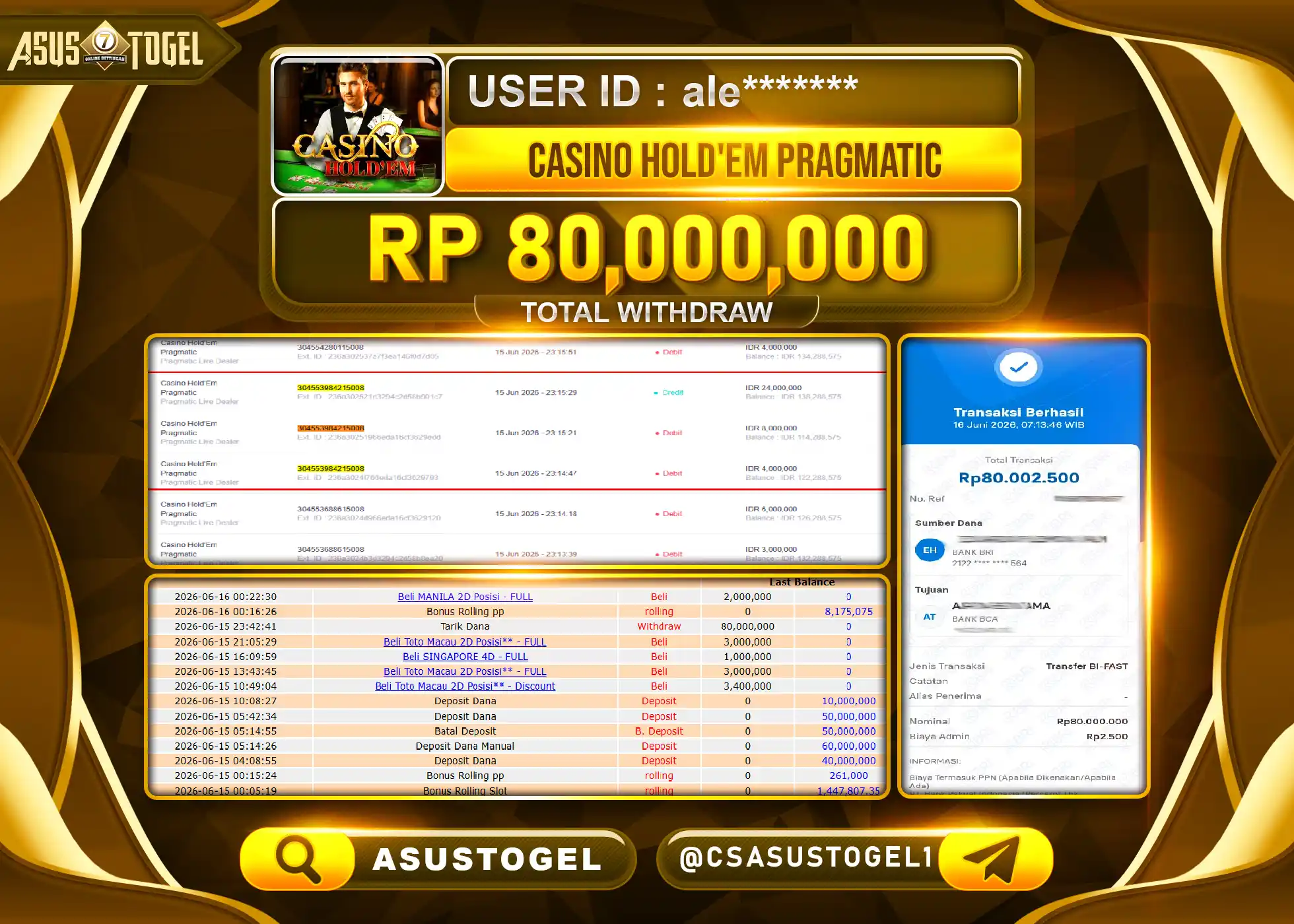 ASUSTOGEL KEMENANGAN JACKPOT PERMAINAN CASINO HOLD EM PRAGMATIC Rp.80,000,000 - RUPIAH LUNAS