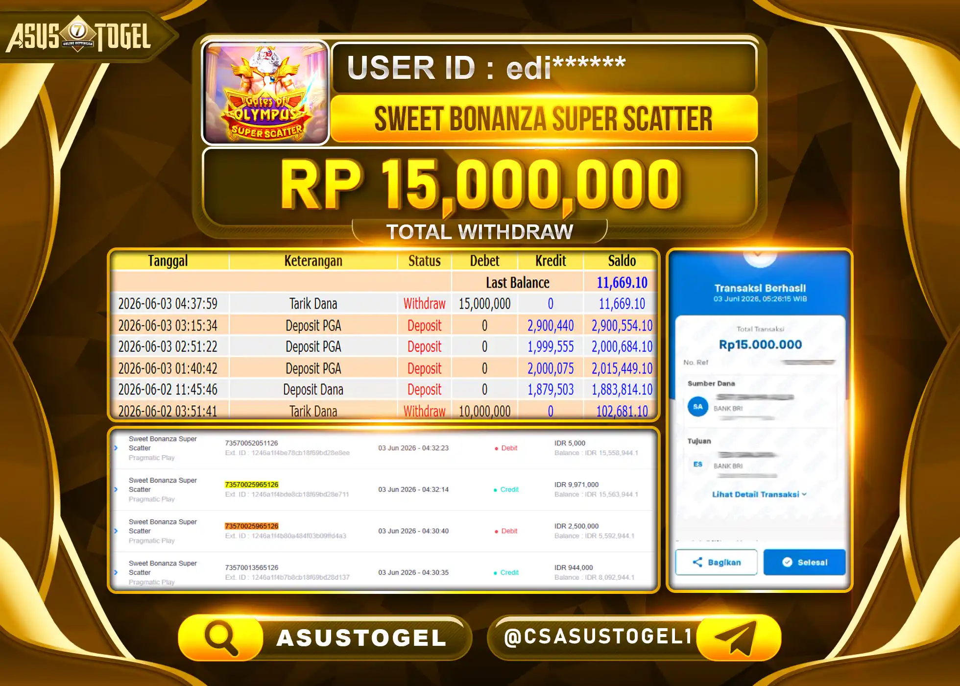 ASUSTOGEL KEMENANGAN JACKPOT SLOT SWEET BONANZA SUPER SCATTER  Rp.15,000,000 - RUPIAH LUNAS