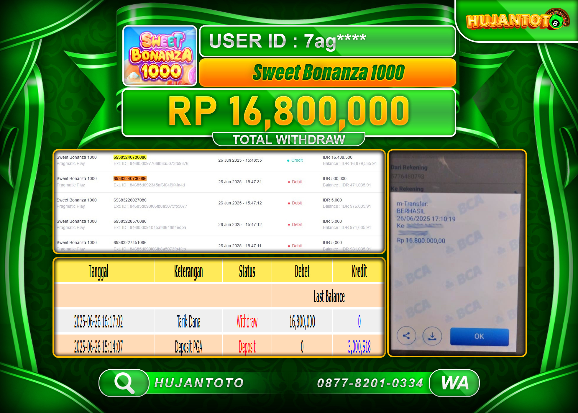 HUJANTOTO - BUKTI JACKPOT MENANG SLOT SWEET BONANZA 1000 Rp.16,800,000 - TERBAYAR LUNAS