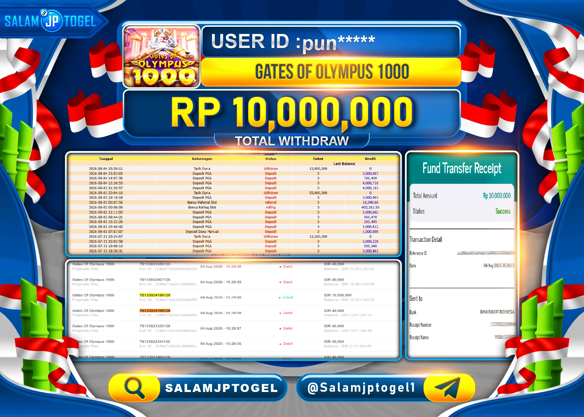 SALAMJPTOGEL JACKPOT MENANG SLOT GATES OF OLYMPUS 1000 Rp.10,000,000 - LUNAS
