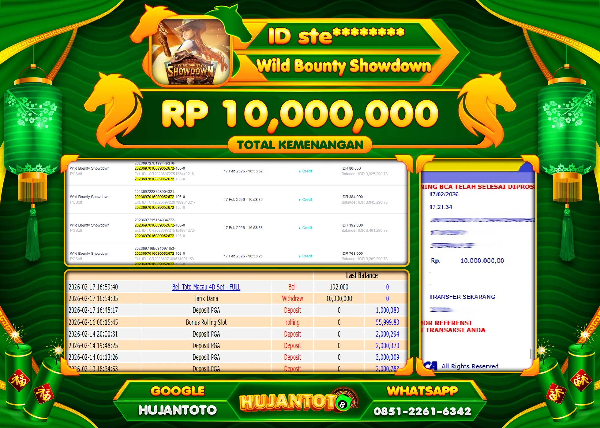 HUJANTOTO - BUKTI JACKPOT MENANG SLOT WILD BOUNTY SHOWDOWN PGSOFT Rp.10,000,000 - TERBAYAR LUNAS
