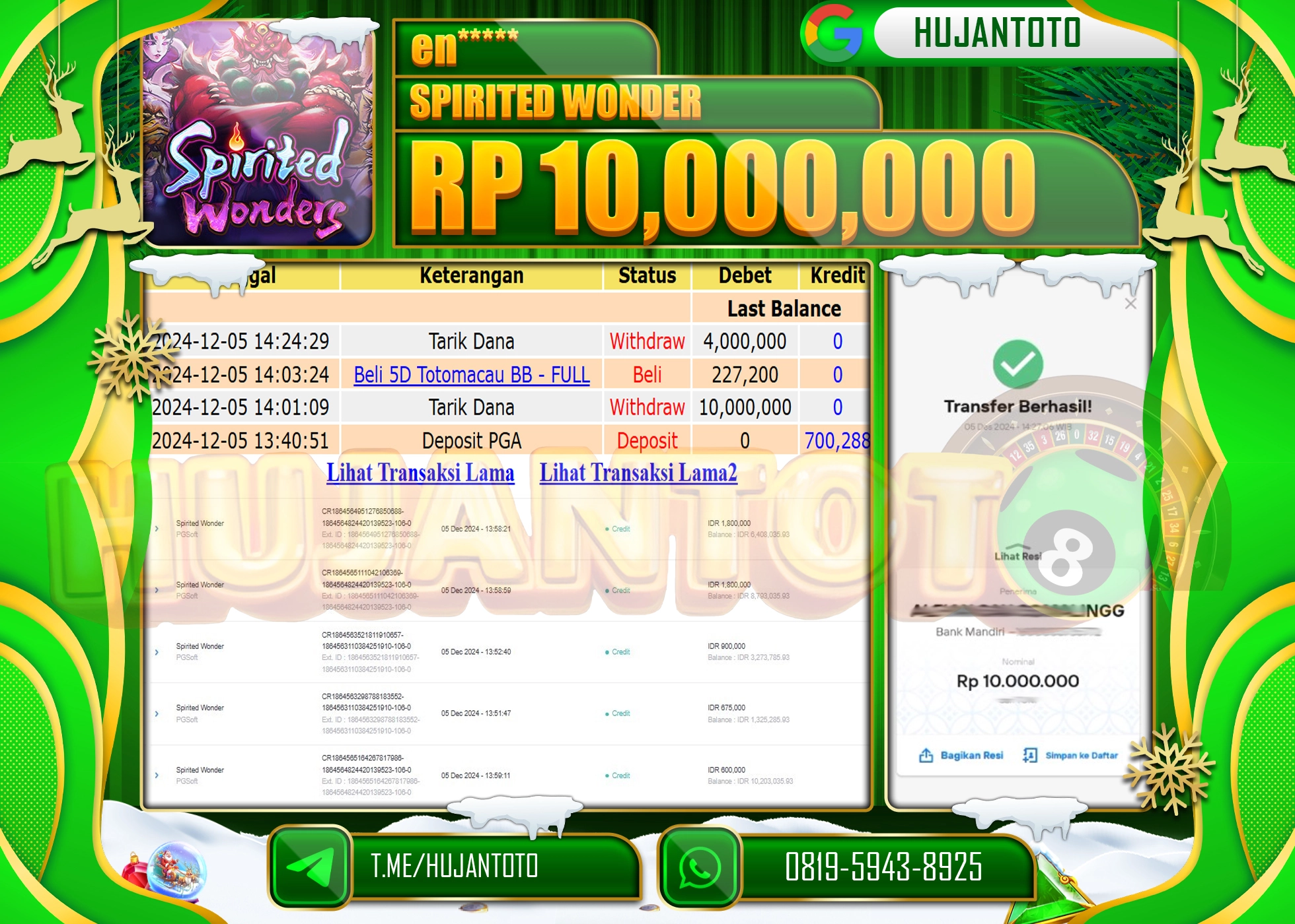 HUJANTOTO ATAS KEMENANGAN BESAR YANG  DI RAIH DI PERMAINAN, SLOT SPIRITED WONDERS SEBESAR - 10,000,000  -TERBAYAR - LUNAS 