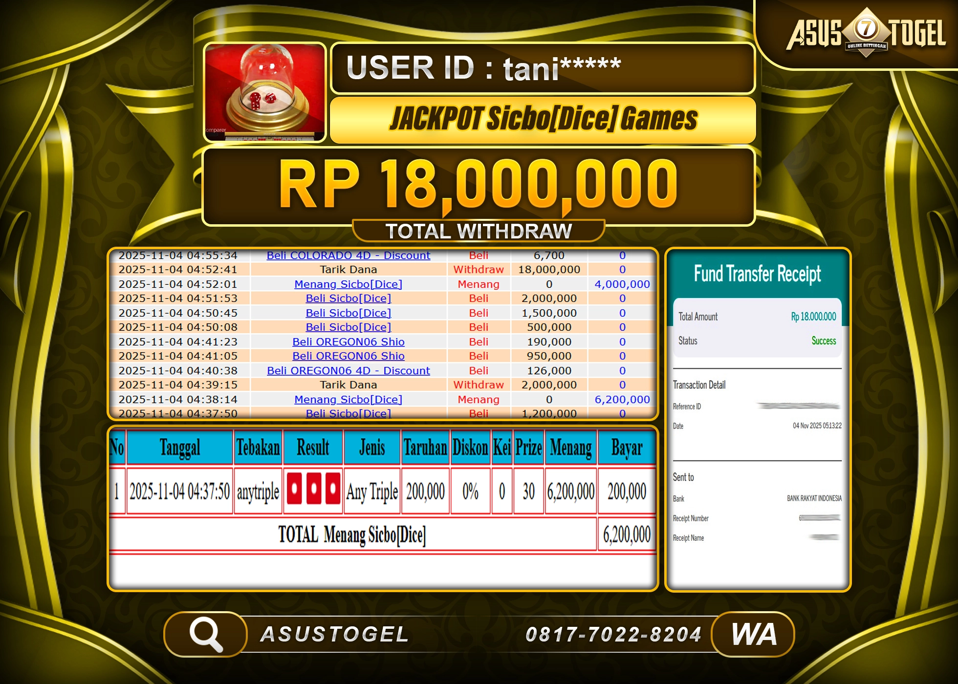 ASUSTOGEL KEMENANGAN DI LIVE GAMES SICBO [DICE] SEBESAR 18,000,000 - RUPIAH LUNAS