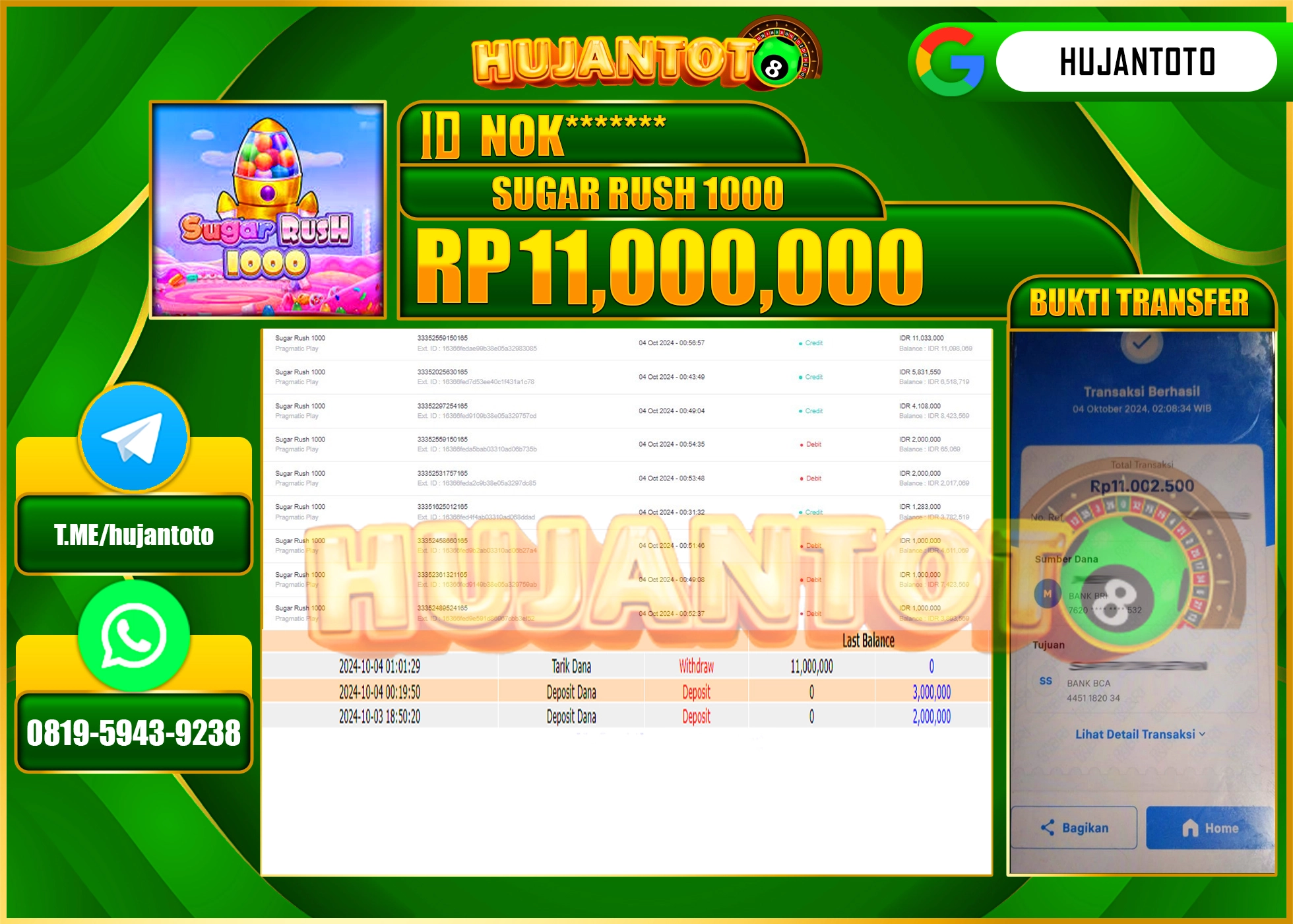 HUJANTOTO MENANG BESAR DI PERMAINAN MENANG SUGAR RUSH 1000 - 11.000,000 - LUNAS 