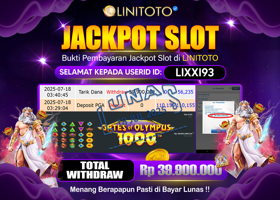 LINITOTO JACKPOT SLOT GATES OF OLYMPUS 1000 Rp.39.900.000,- LUNAS