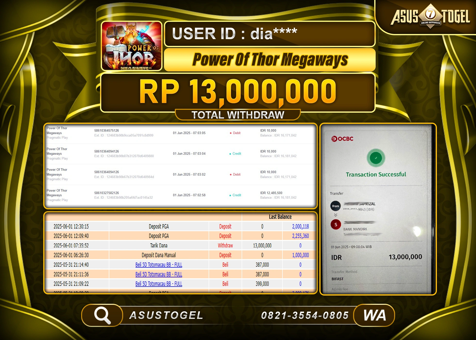  ASUSTOGEL KEMENANGAN DI SLOT POWER OF THOR MEGAWAYS SEBESAR 13,000,000- RUPIAH LUNAS
