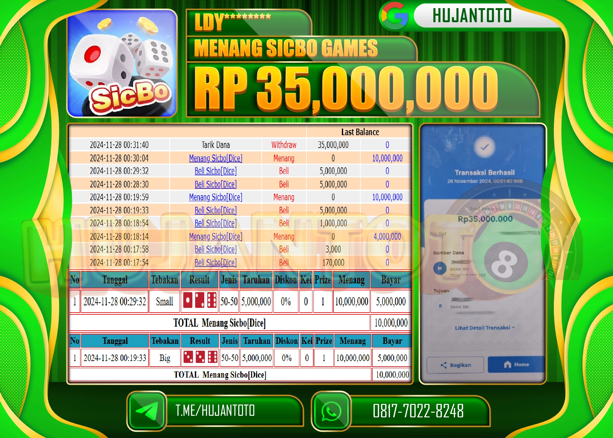 HUJANTOTO KEMENANGAN JACKPOT  BESAR DI RAIH GAME LIVEGAME SICBO DICE GAMES SEBESAR  - 35,000,000 - LUNAS