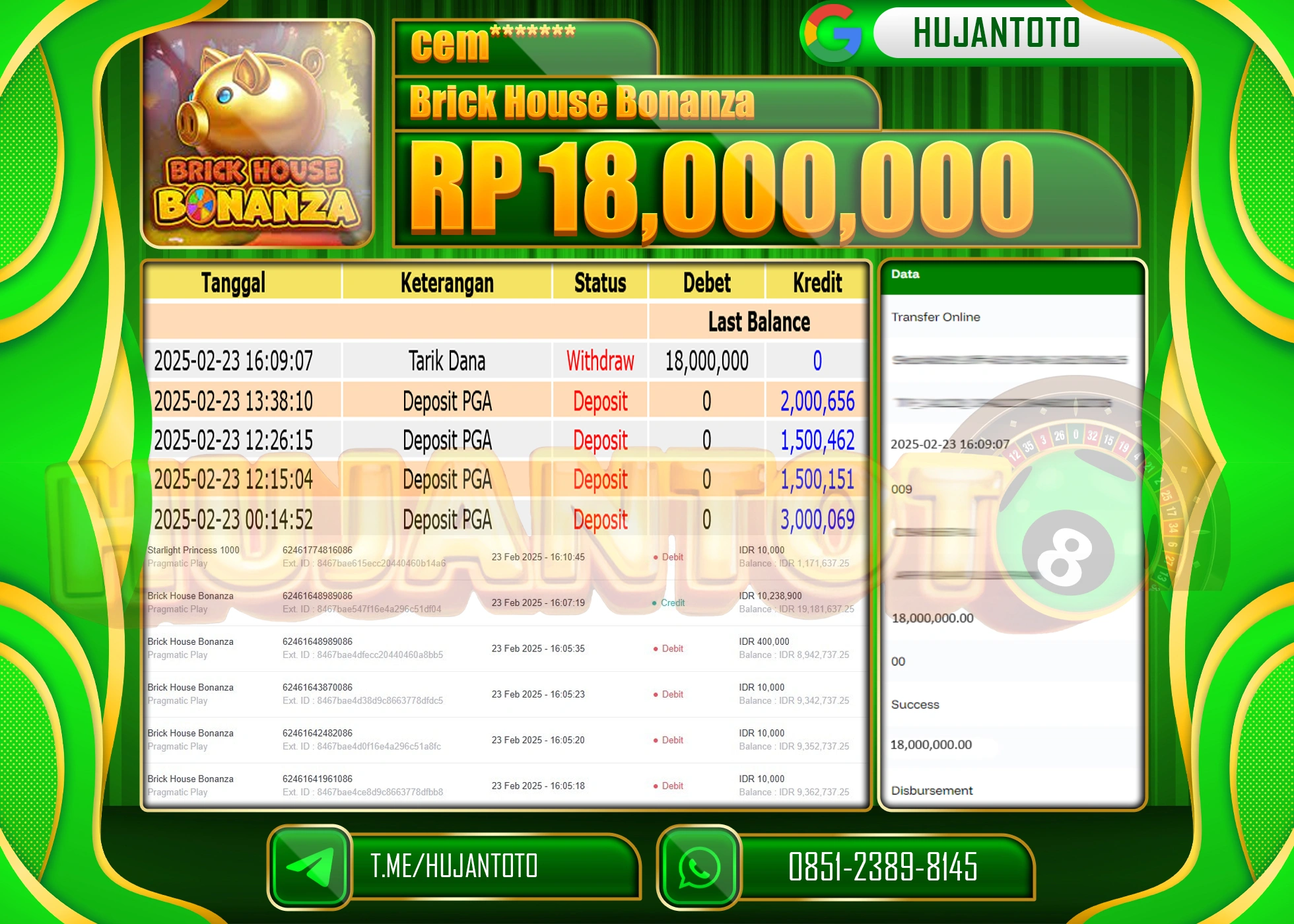 HUJANTOTO - BUKTI JACKPOT MENANG SLOT BRICK HOUSE BONANZA Rp,18,000,000 - TERBAYAR LUNAS