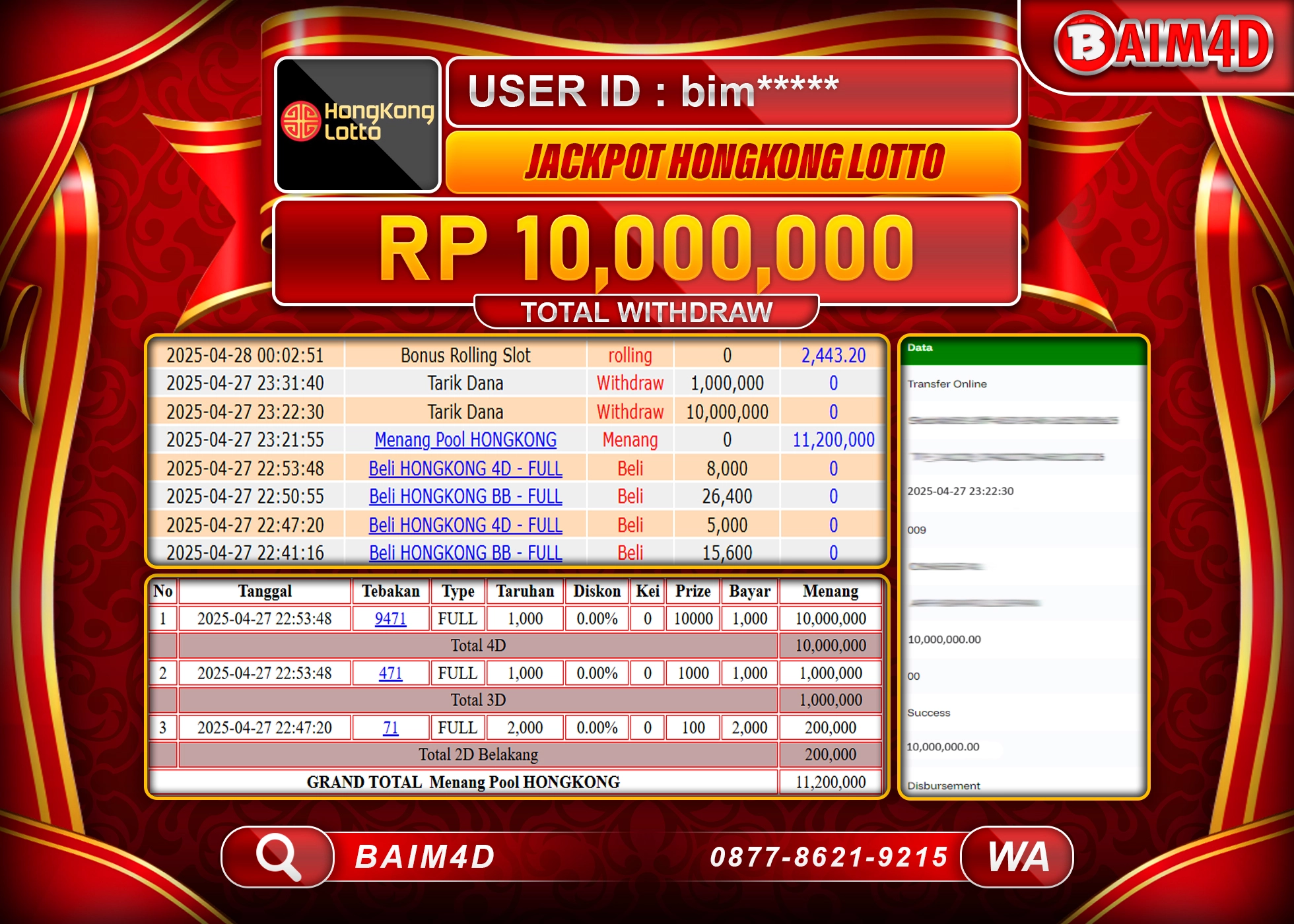 BAIM4D JACKPOT MENANG HONGKONG LOTTO POOLS Rp.10.000,000.- LUNAS