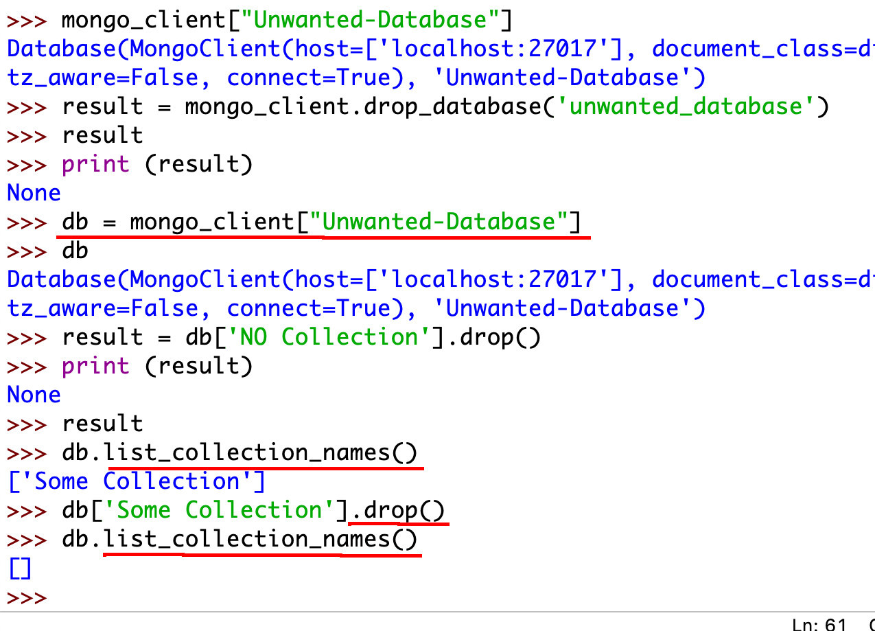 Screenshot of Python IDLE accessing a MongoDB database and using the drop() method to remove a collection