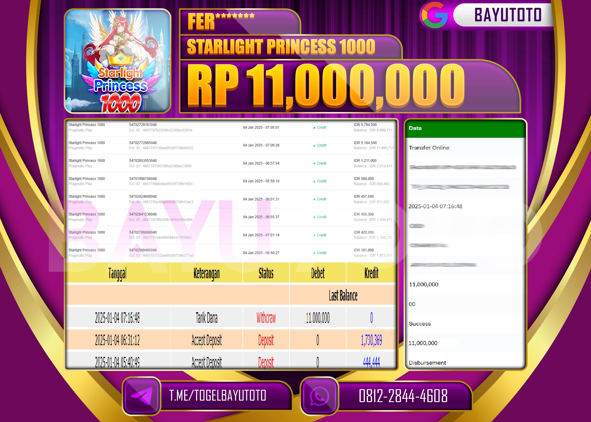 BAYUTOTO JACKPOT  DI SLOT GAME STARLIGHT PRINCESS Rp.11.000.000 LUNAS