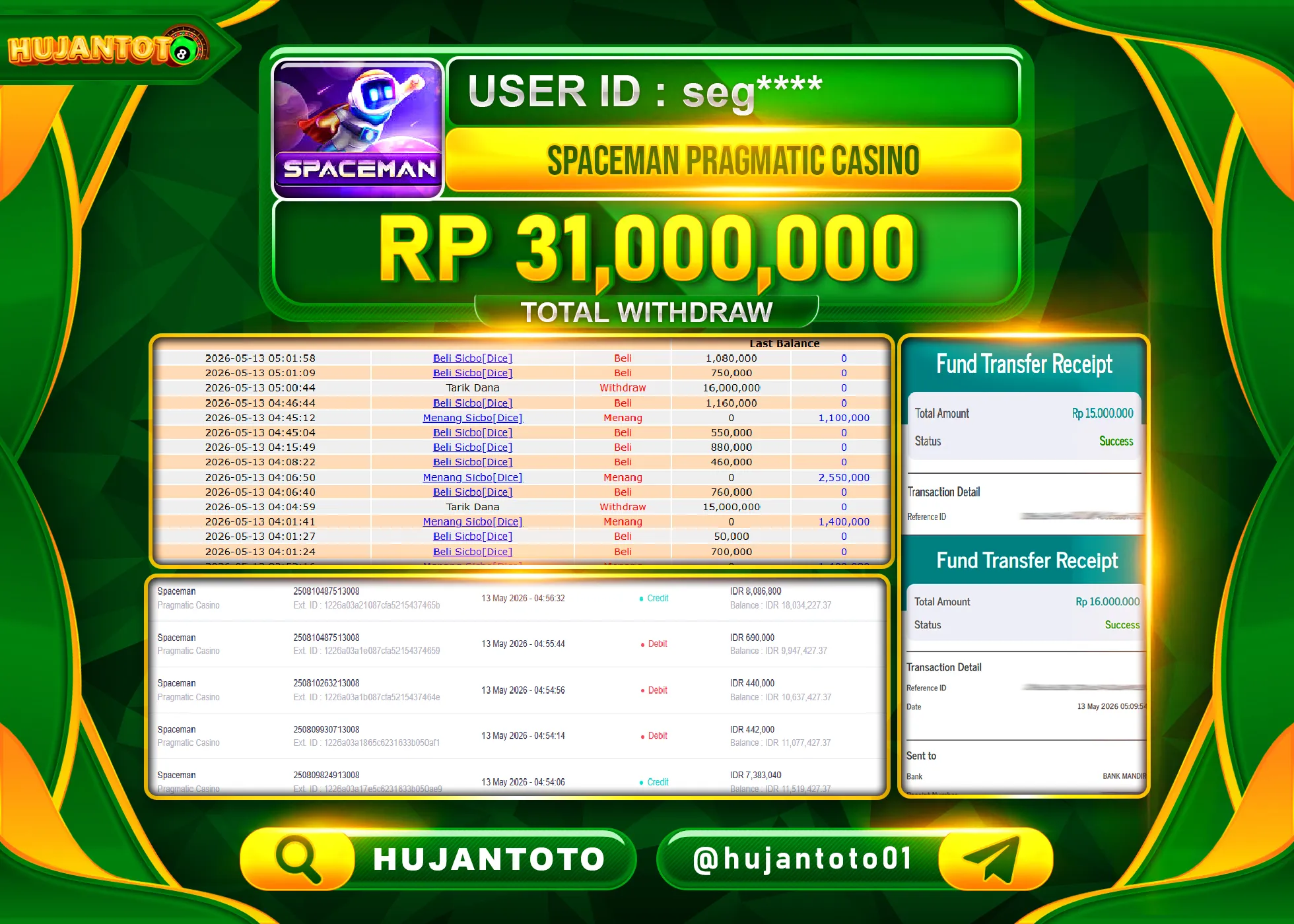 HUJANTOTO - BUKTI JACKPOT MENANG SPACEMAN PRAGMATIC CASINO Rp.31,000,000 - TERBAYAR LUNAS