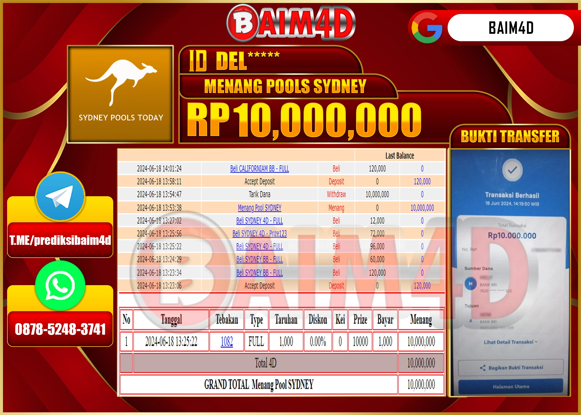 BAIM4D JACKPOT POOLS SYDNEY Rp.10.000.000.,- LUNAS