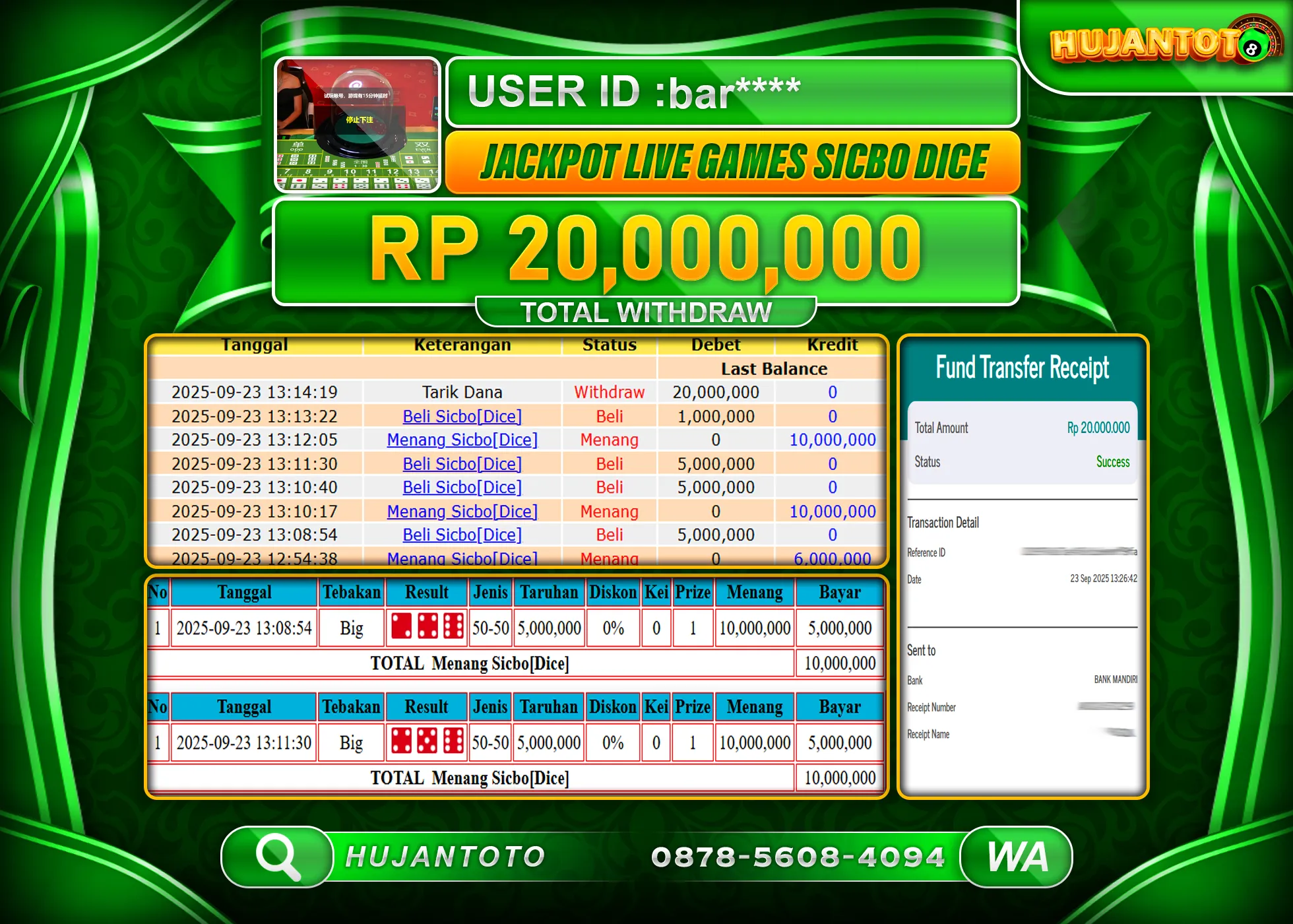 HUJANTOTO - BUKTI JACKPOT MENANG LIVE GAMES SICBO DICE Rp.20,000,000 - TERBAYAR LUNAS