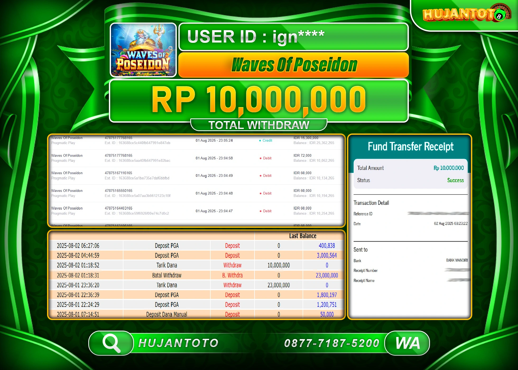 HUJANTOTO - BUKTI JACKPOT MENANG SLOT WAVES OF POSEIDON Rp.10,000,000 - TERBAYAR LUNAS