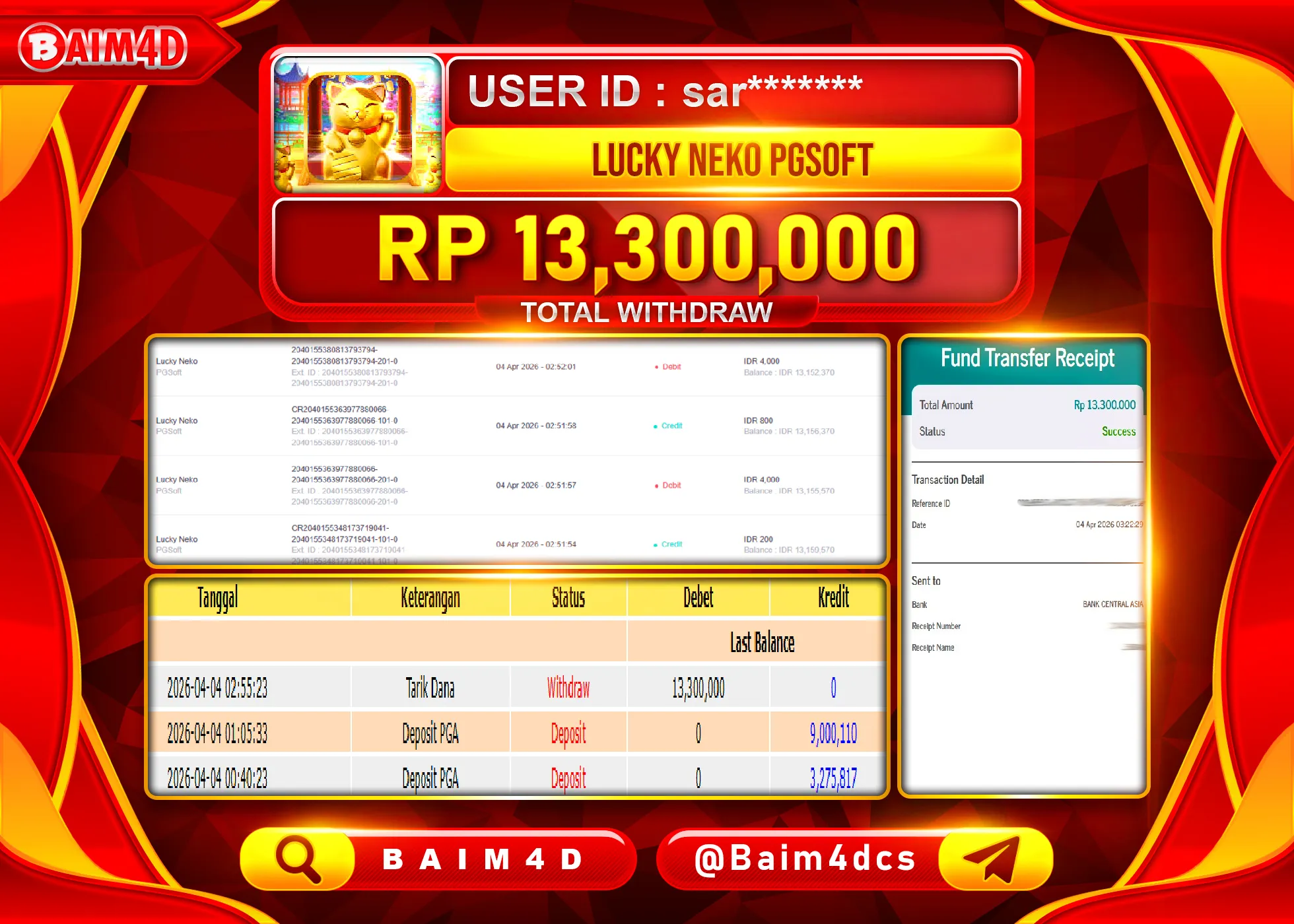BAIM4D JACKPOT LUCKY NEKO PG SOFT Rp.13,300,000 - LUNAS