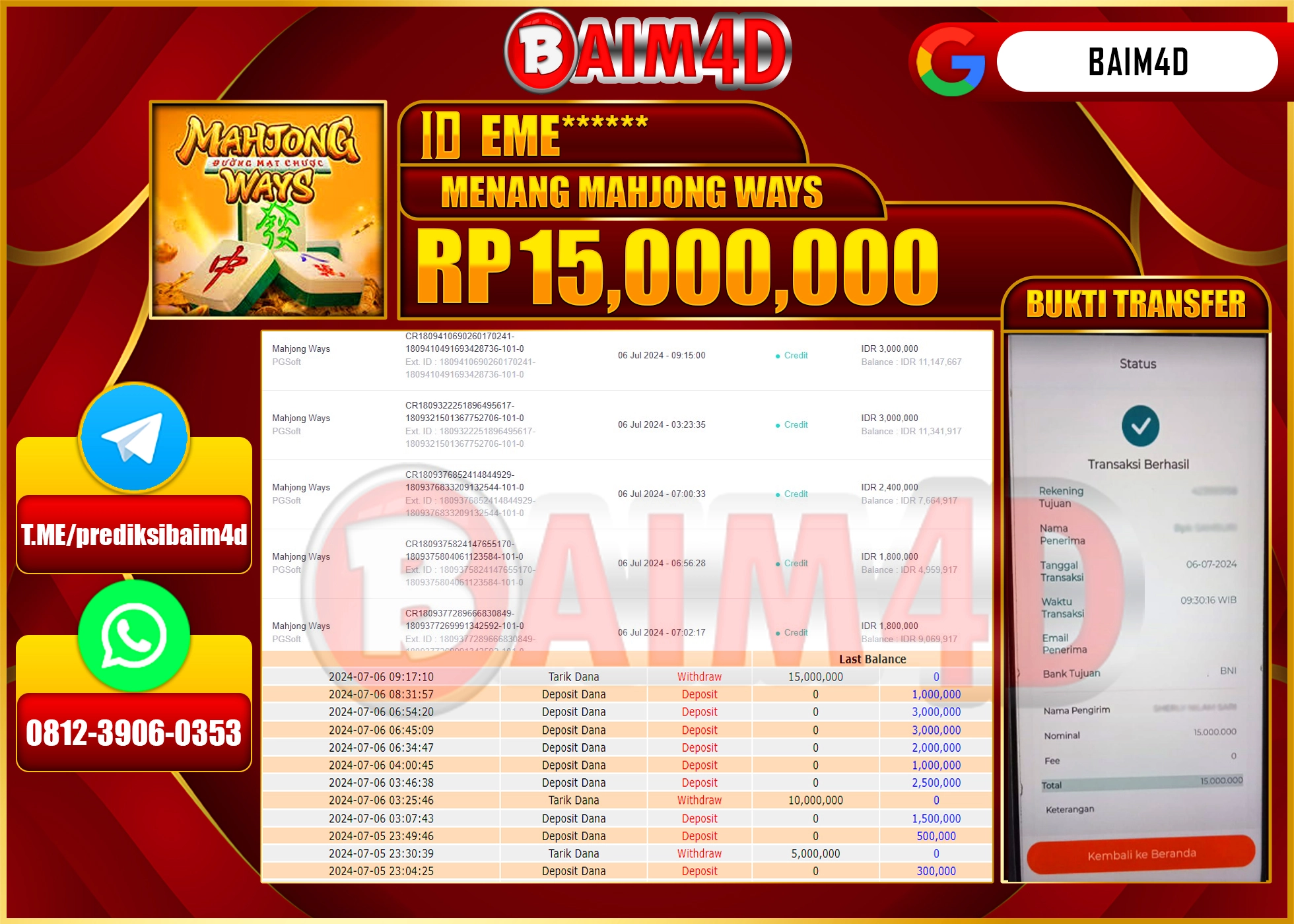 BAIM4D JACKPOT PG SOFT MAHJONG WAYS  Rp.15.000,000.- LUNAS