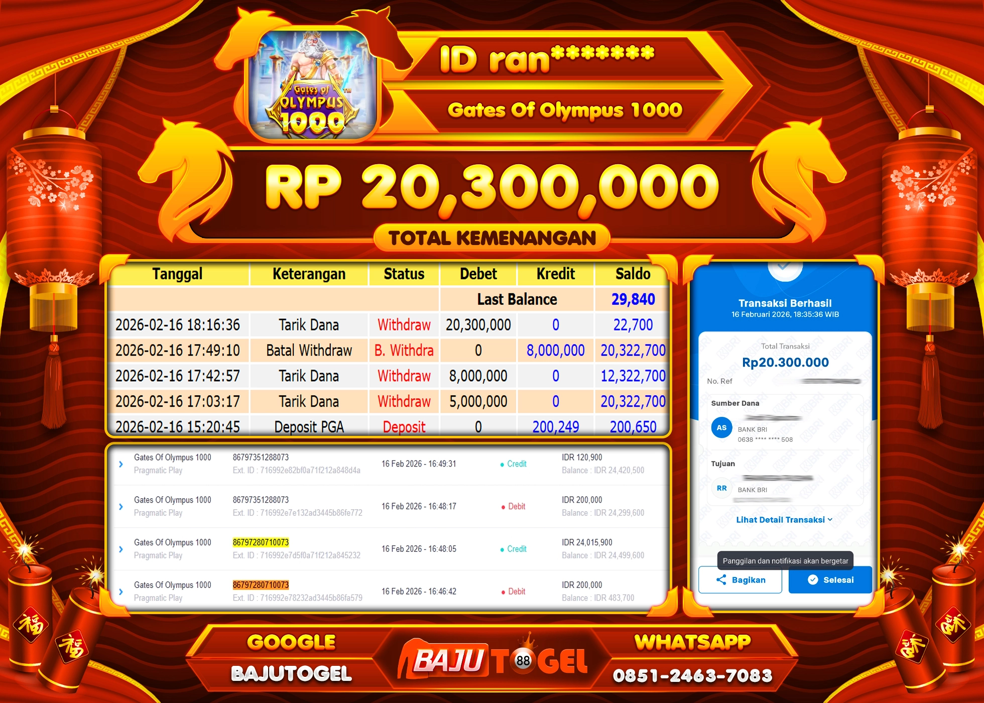 BAJUTOGEL KEMENANGAN DI SLOT GATES OF OLYMPUS 1000 PRAGMATIC PLAY Rp.20,300,000 LUNAS
