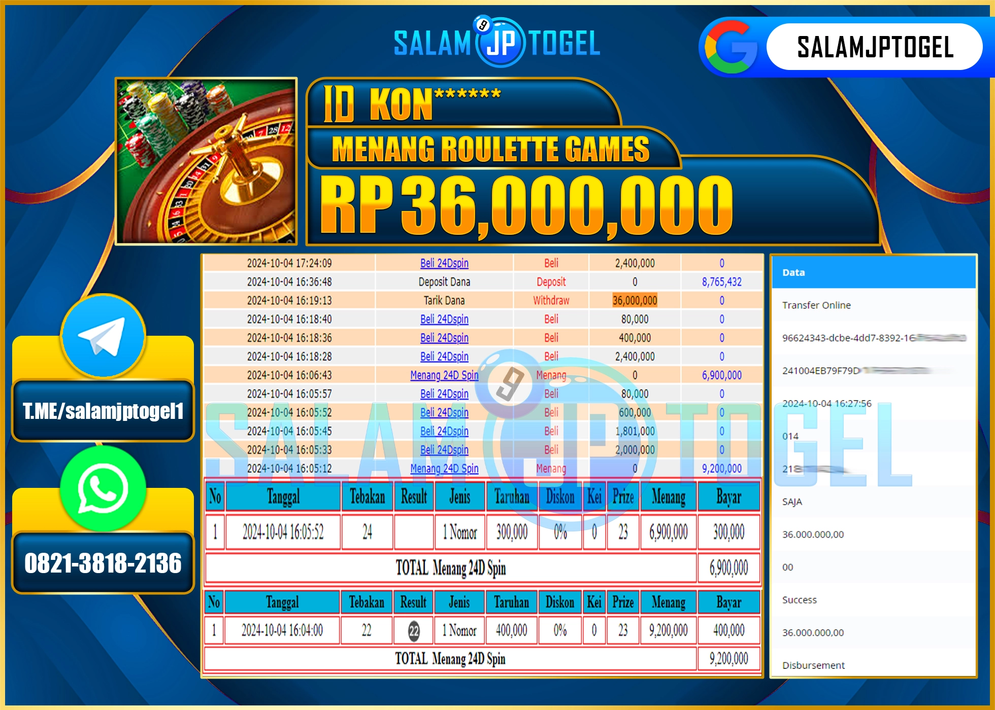 SALAMJPTOGEL MENANG LIVEGAMES ROULETTE GAMES RP. 36,000,000 LUNAS